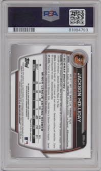 Jackson Holliday from the 2023 Bowman Mega Box set featuring a Blue Refractor parallel graded by PSA and given an overall grade of 9.