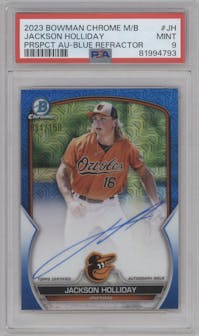 Jackson Holliday from the 2023 Bowman Mega Box set featuring a Blue Refractor parallel graded by PSA and given an overall grade of 9.