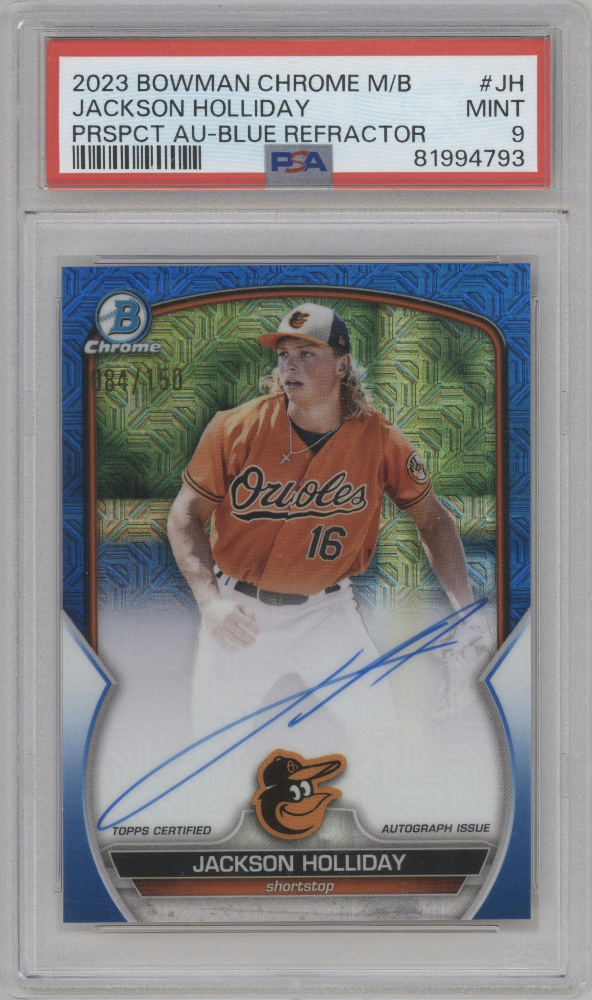 Jackson Holliday from the 2023 Bowman Mega Box set featuring a Blue Refractor parallel graded by PSA and given an overall grade of 9.