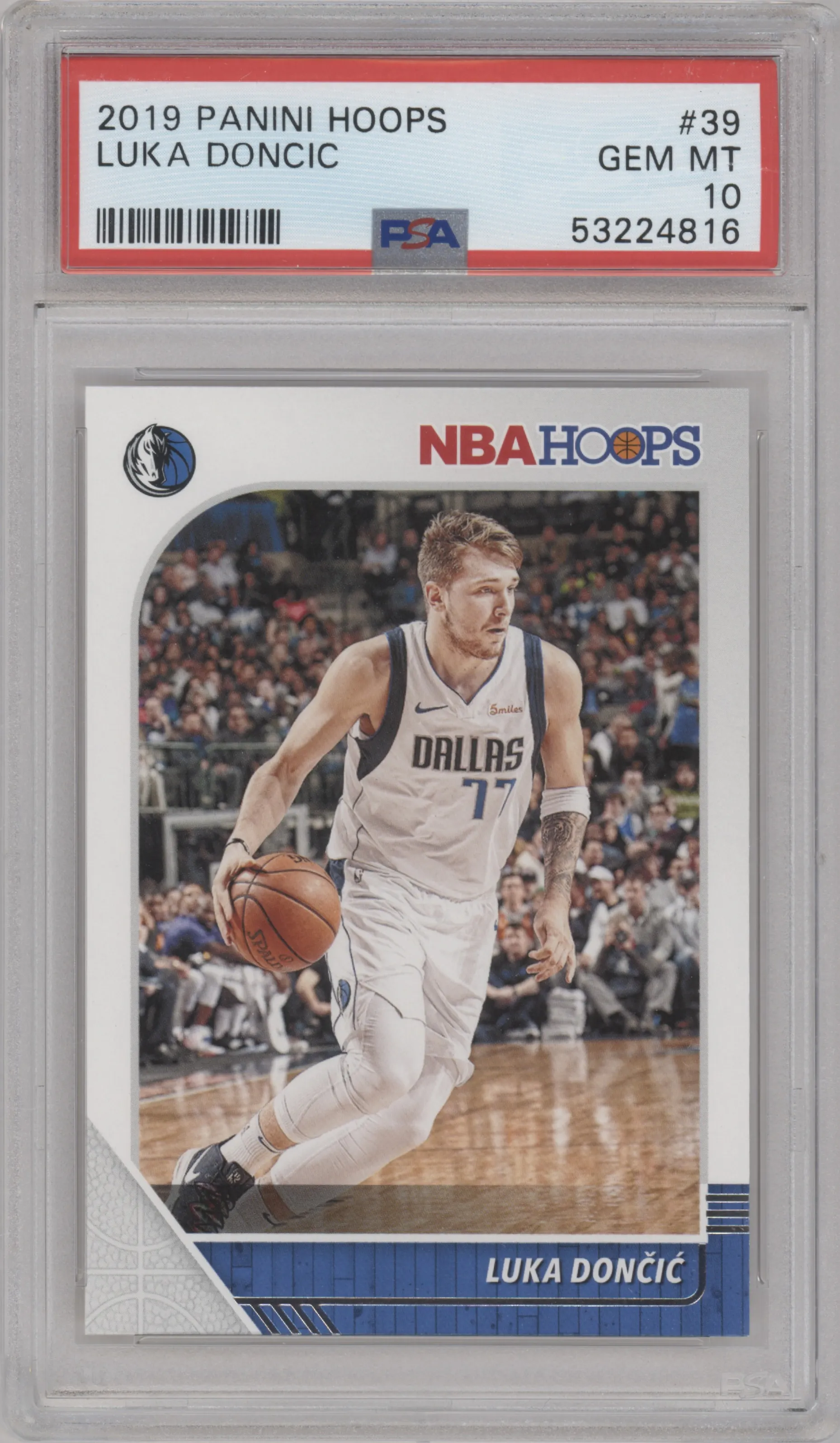 Luka Doncic from the 2019-20 Panini NBA Hoops set graded by PSA and given an overall grade of 10.