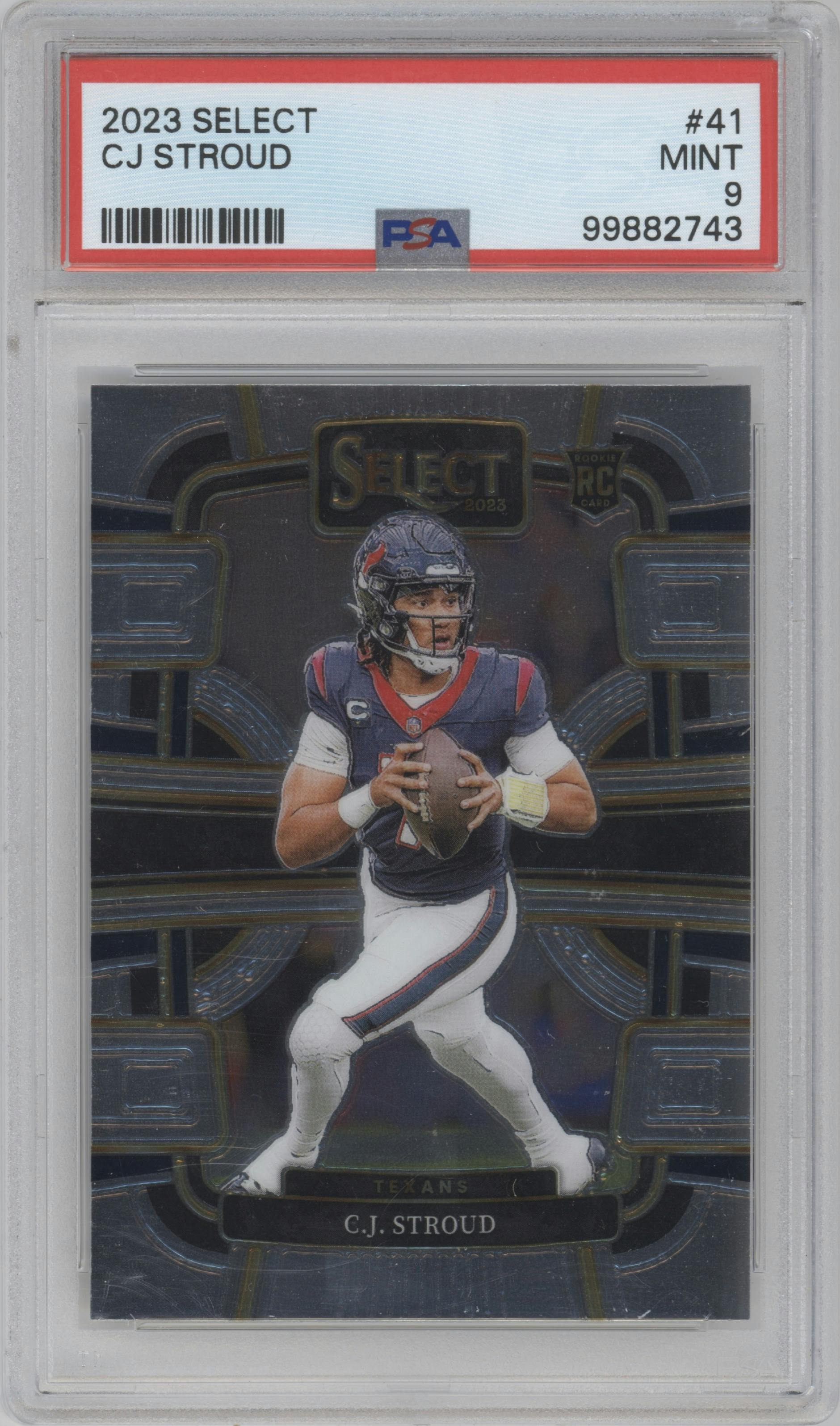 C.J. Stroud from the 2023 Panini Select set graded by PSA and given an overall grade of 9.