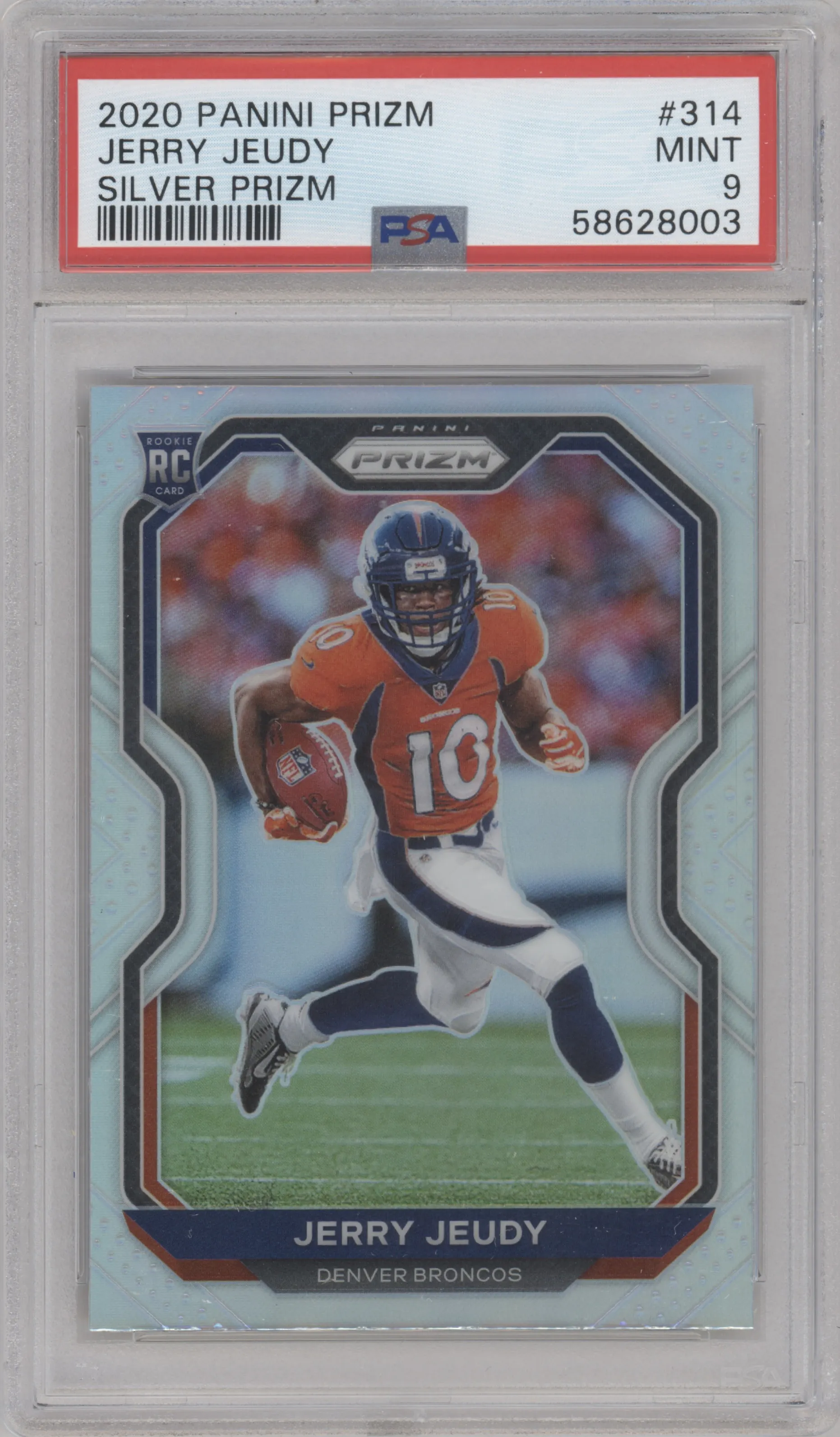 Jerry Jeudy from the 2020 Panini Prizm set featuring a Silver Prizm parallel graded by PSA and given an overall grade of 9.