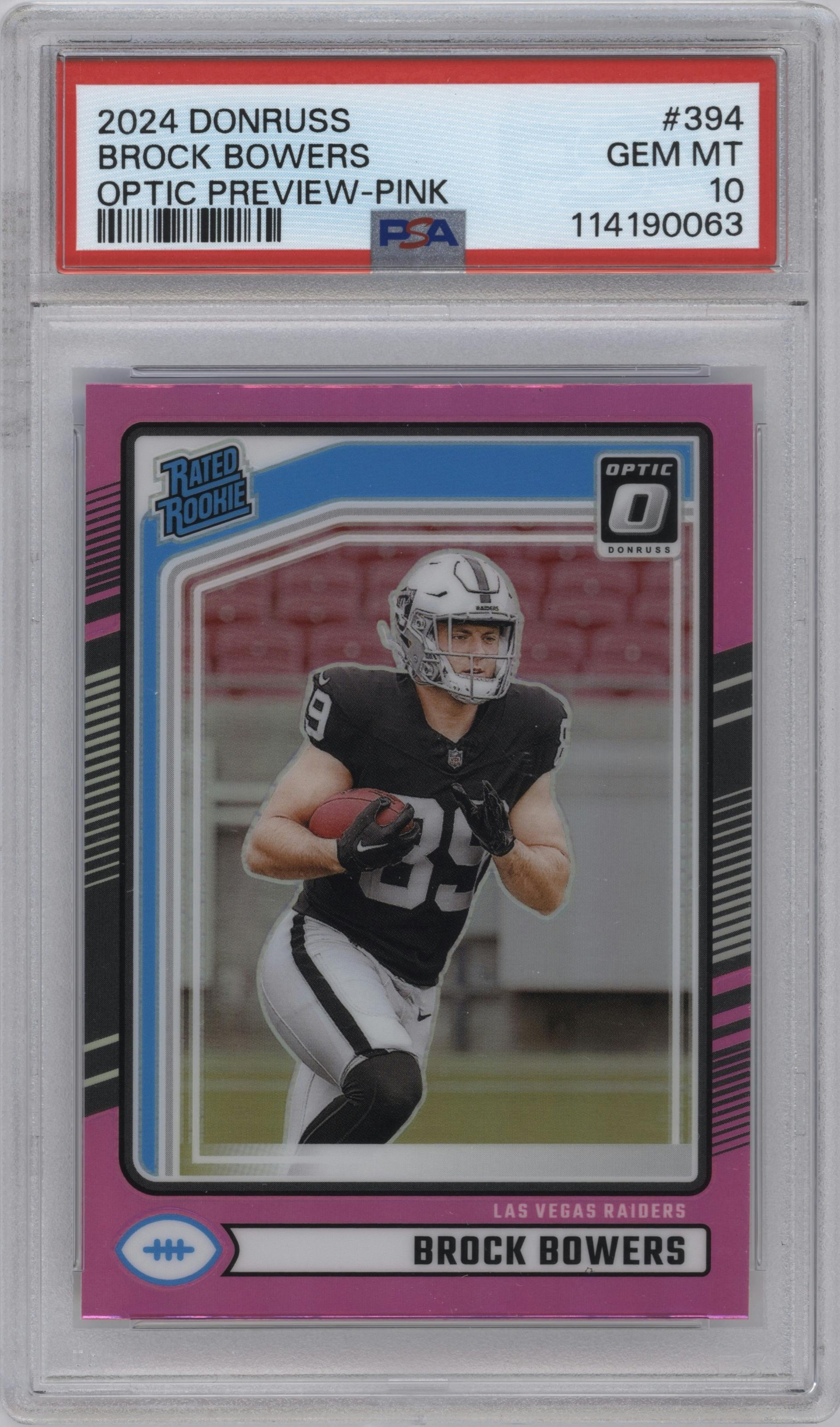 Brock Bowers from the 2024 Donruss set featuring a Pink parallel graded by PSA and given an overall grade of 10.