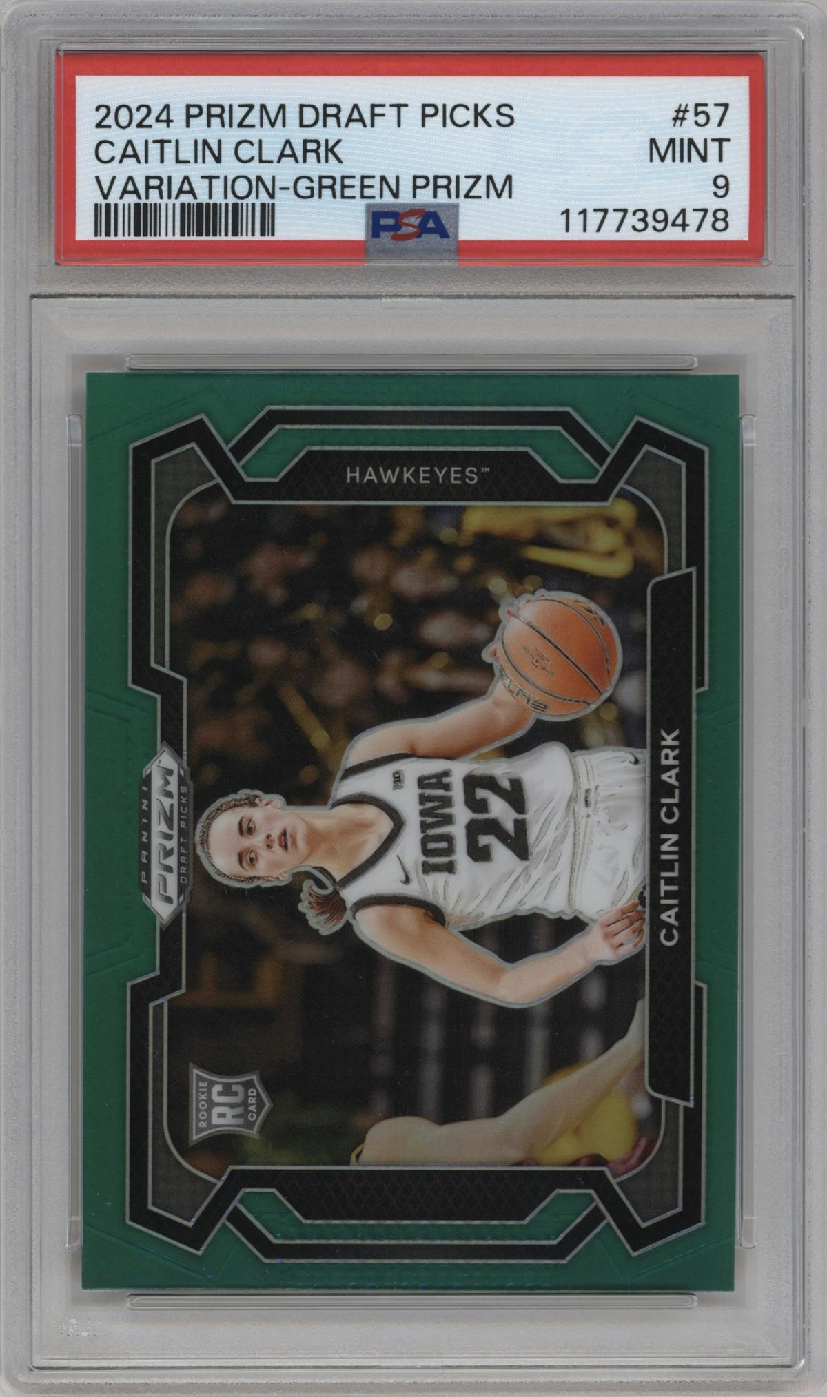 Caitlin Clark  from the 2024 Panini Prizm Draft Picks set featuring a Green Prizm parallel graded by PSA and given an overall grade of 9.