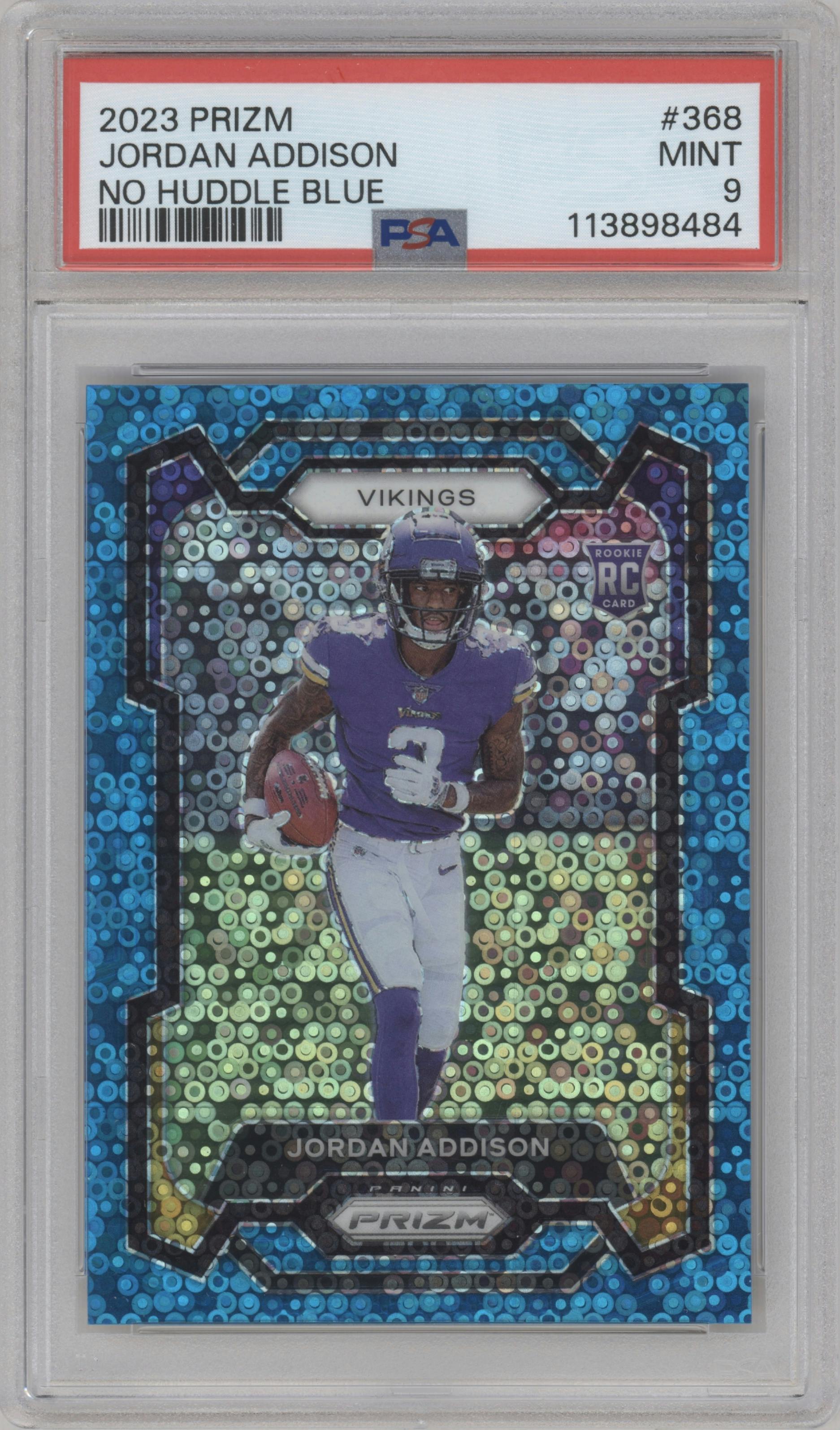Jordan Addison from the 2023 Panini Prizm set featuring a No Huddle Blue parallel graded by PSA and given an overall grade of 9.