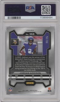 Jordan Addison from the 2023 Panini Prizm set featuring a No Huddle Blue parallel graded by PSA and given an overall grade of 9.