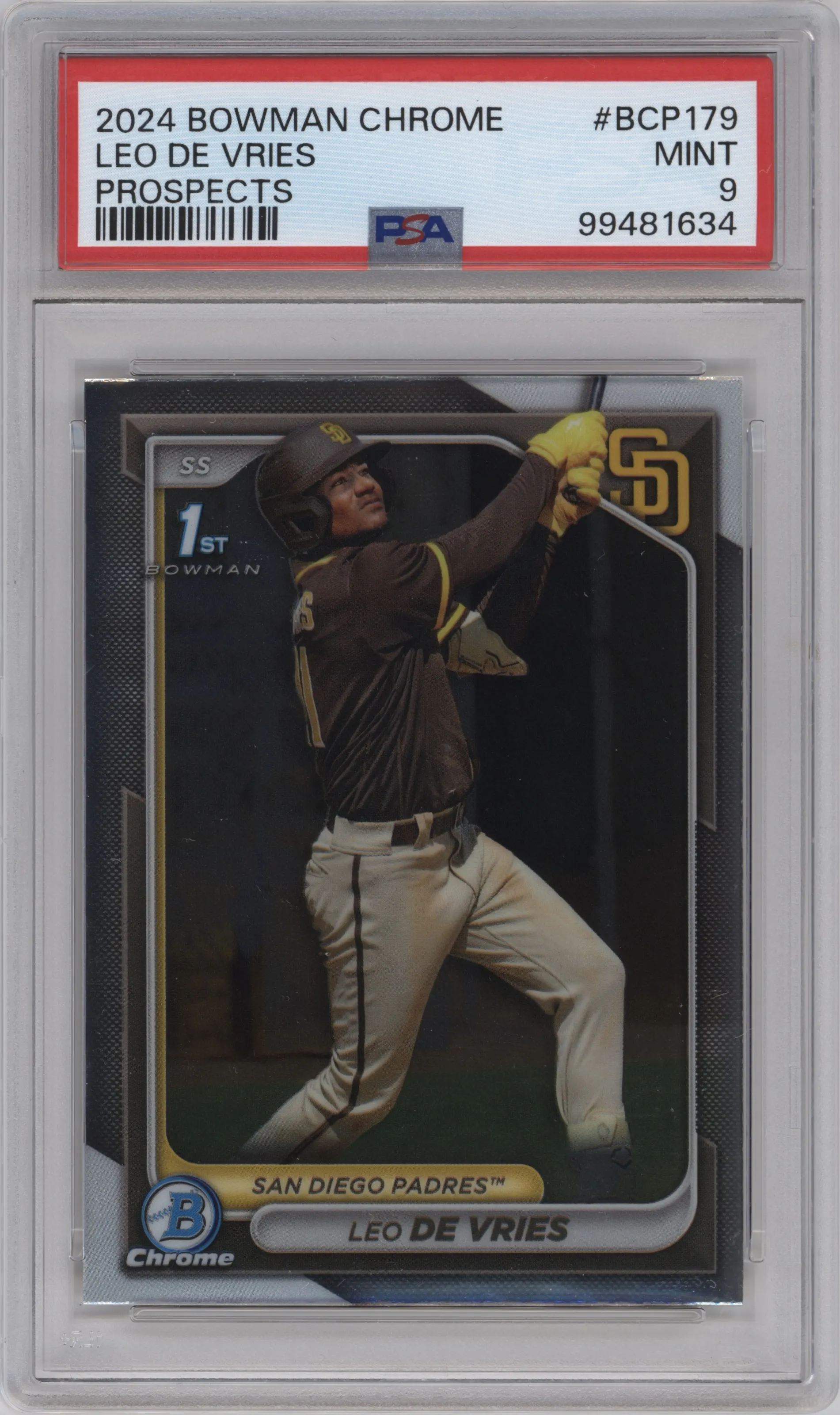 Leo De Vries from the 2024 Bowman Chrome set graded by PSA and given an overall grade of 9.