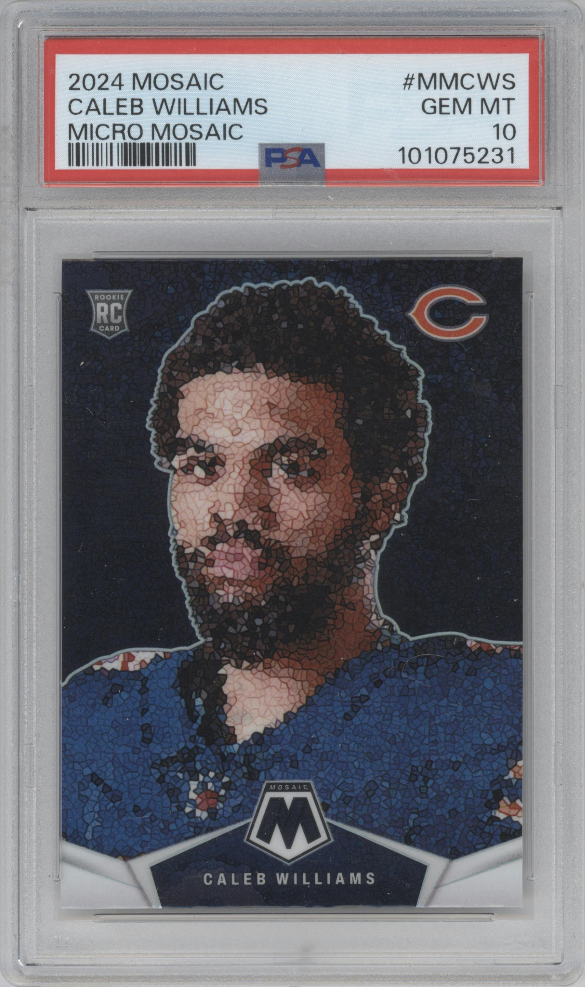 Caleb Williams from the 2024 Panini Mosaic set graded by PSA and given an overall grade of 10.