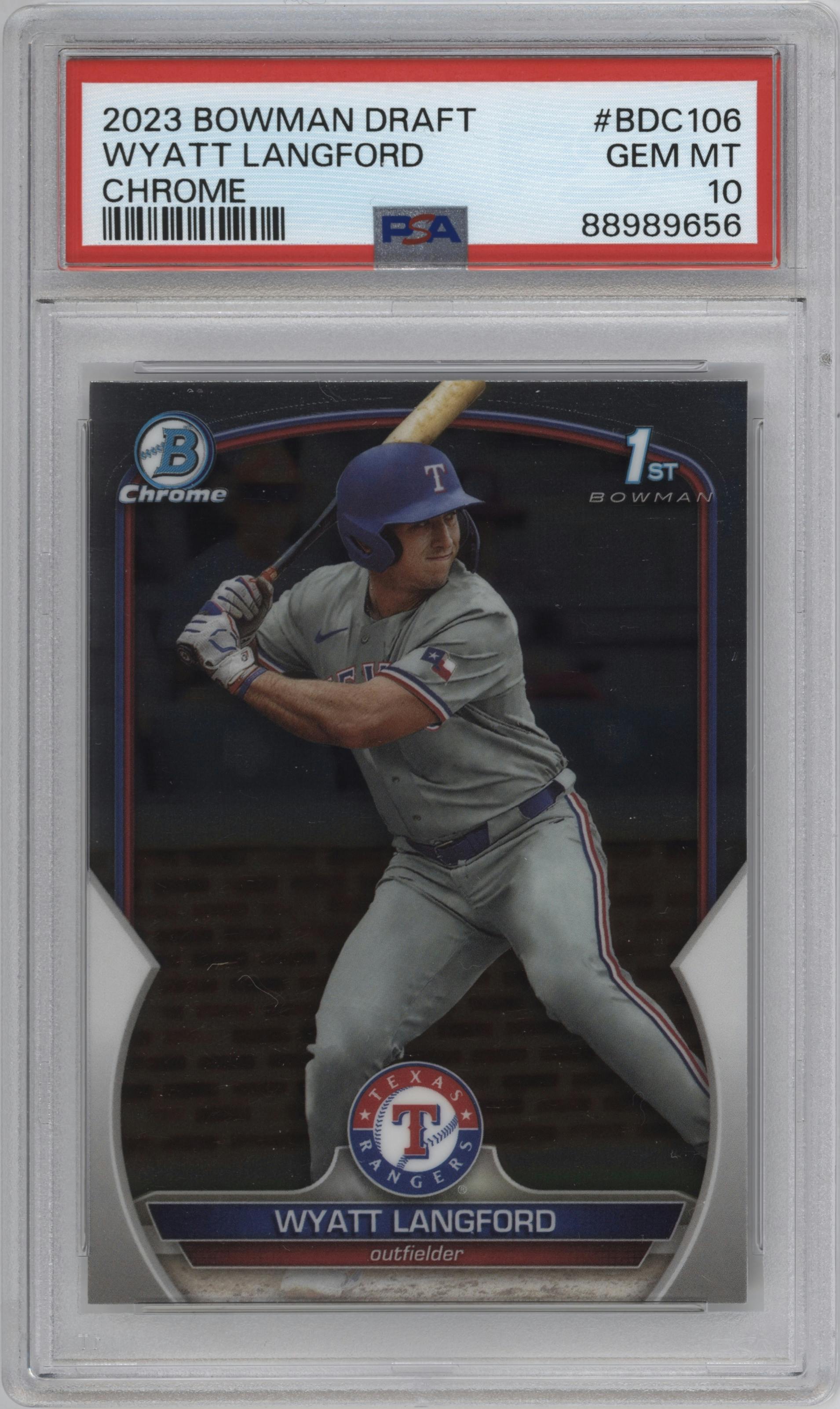 Wyatt Langford from the 2023 Bowman Draft set graded by PSA and given an overall grade of 10.