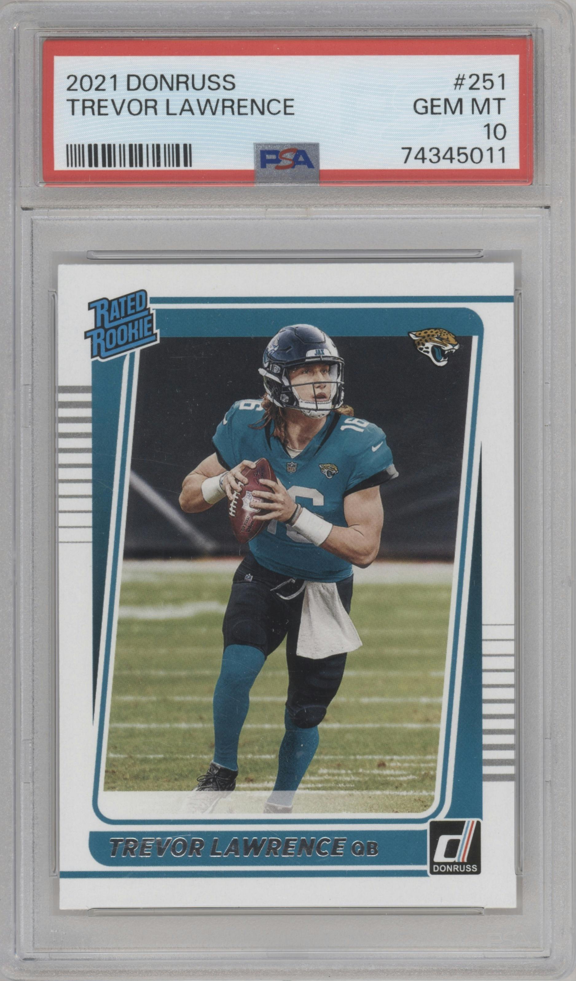 Trevor Lawrence from the 2021 Panini Donruss set graded by PSA and given an overall grade of 10.