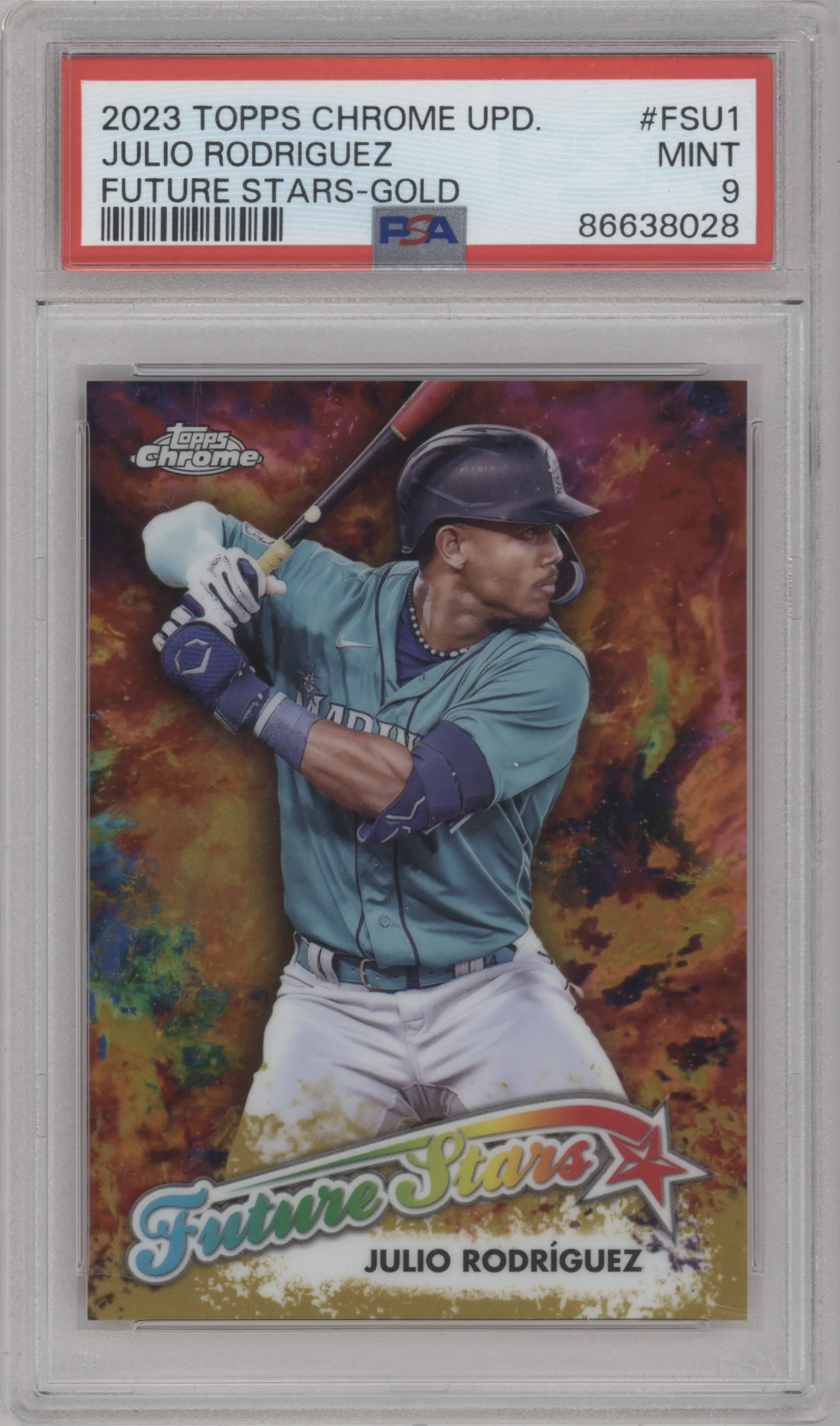 Julio Rodriguez from the 2023 Topps Chrome Update set featuring a Gold Refractor parallel graded by PSA and given an overall grade of 9.