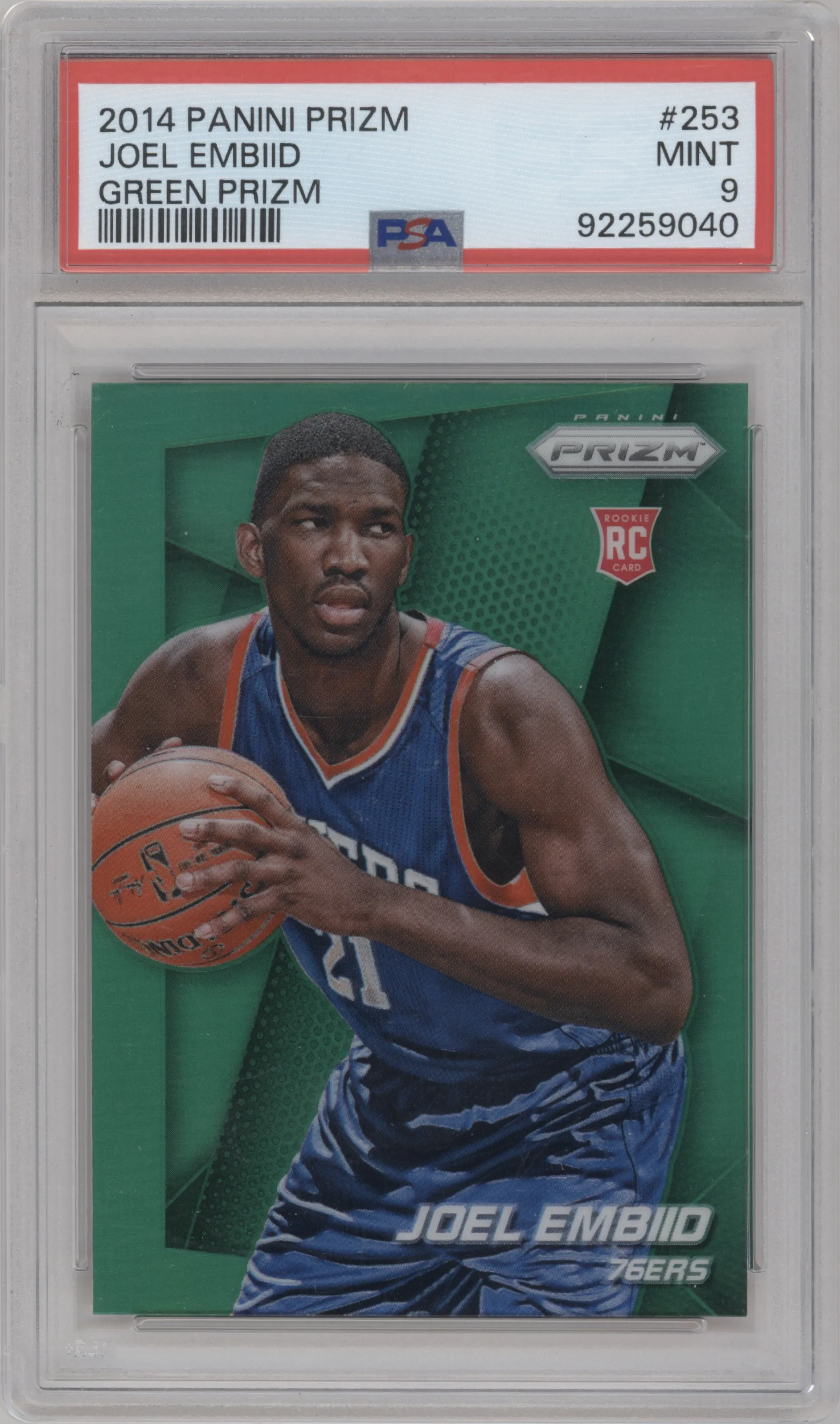 Joel Embiid from the 2014-15 Panini Prizm set featuring a Green Prizm parallel graded by PSA and given an overall grade of 9.