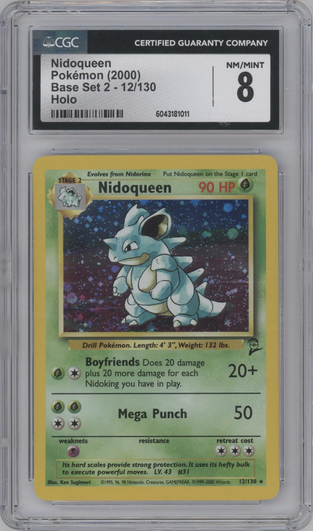 Nidoqueen from the 2000 Pokemon set graded by CSG and given an overall grade of 8.
