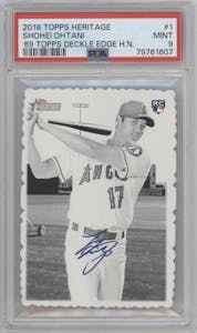 Shohei Ohtani from the 2018 Topps Heritage High Number set graded by PSA and given an overall grade of 9.
