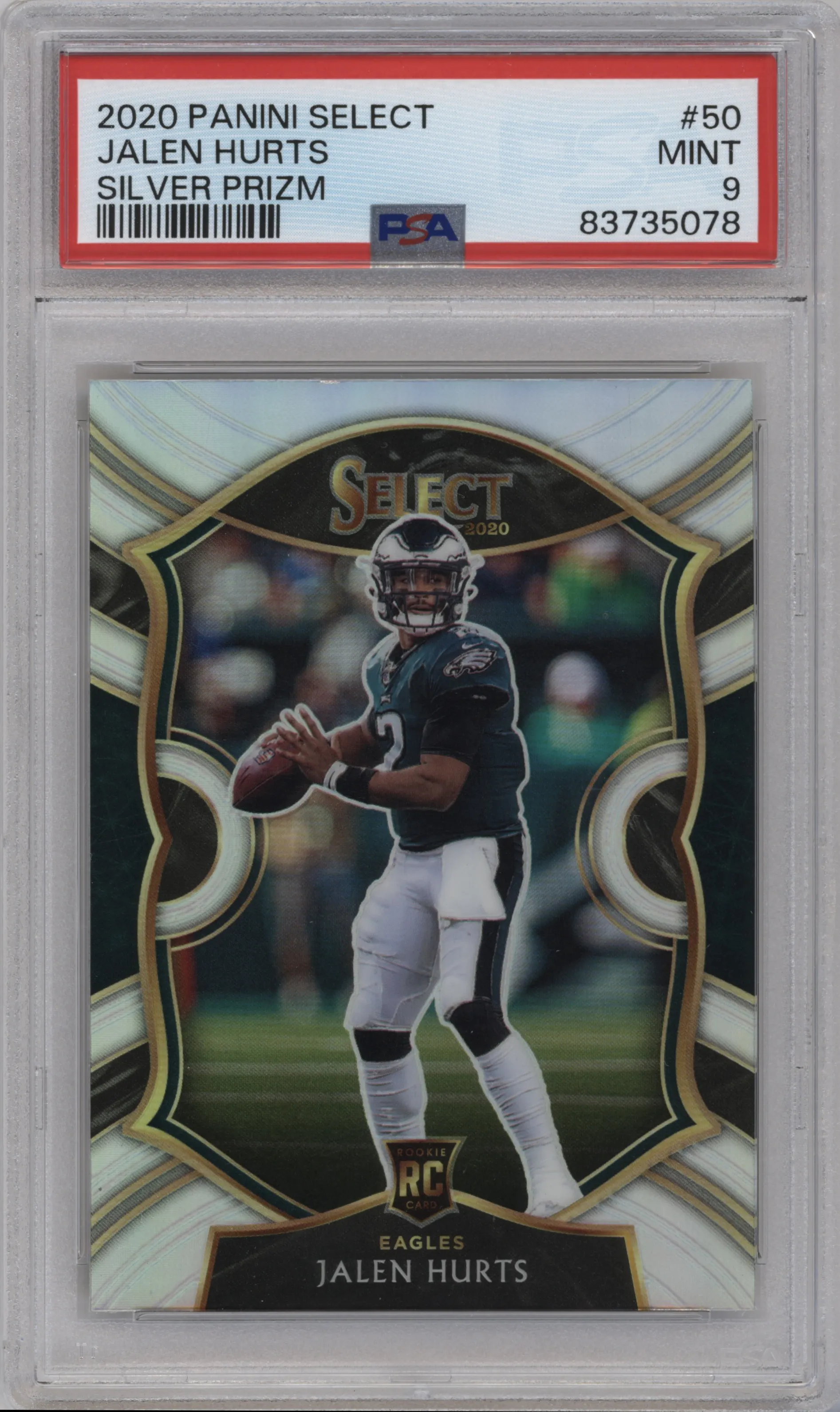 Jalen Hurts from the 2020 Panini Select set featuring a Silver Prizm parallel graded by PSA and given an overall grade of 9.