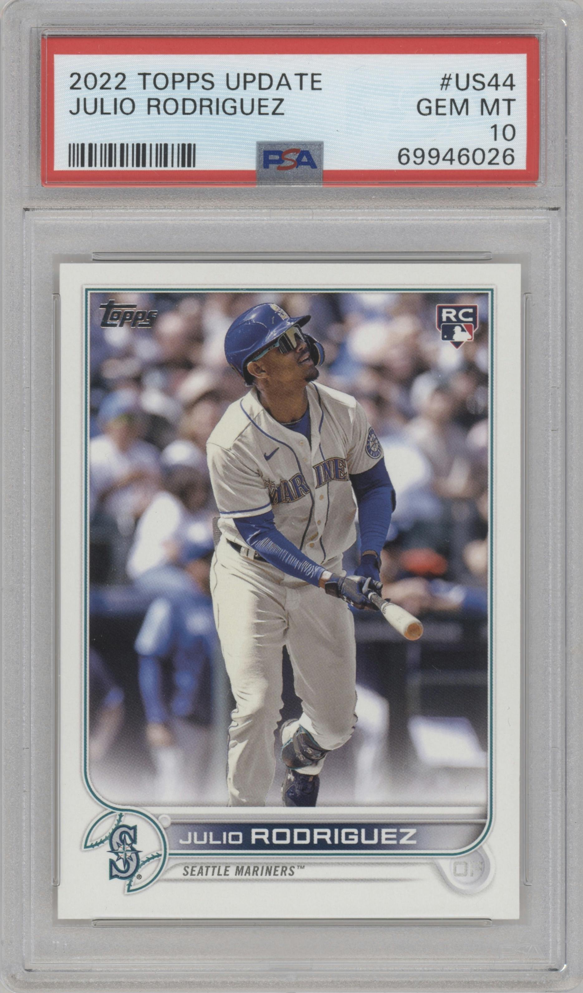 Julio Rodriguez from the 2022 Topps Update  set graded by PSA and given an overall grade of 10.