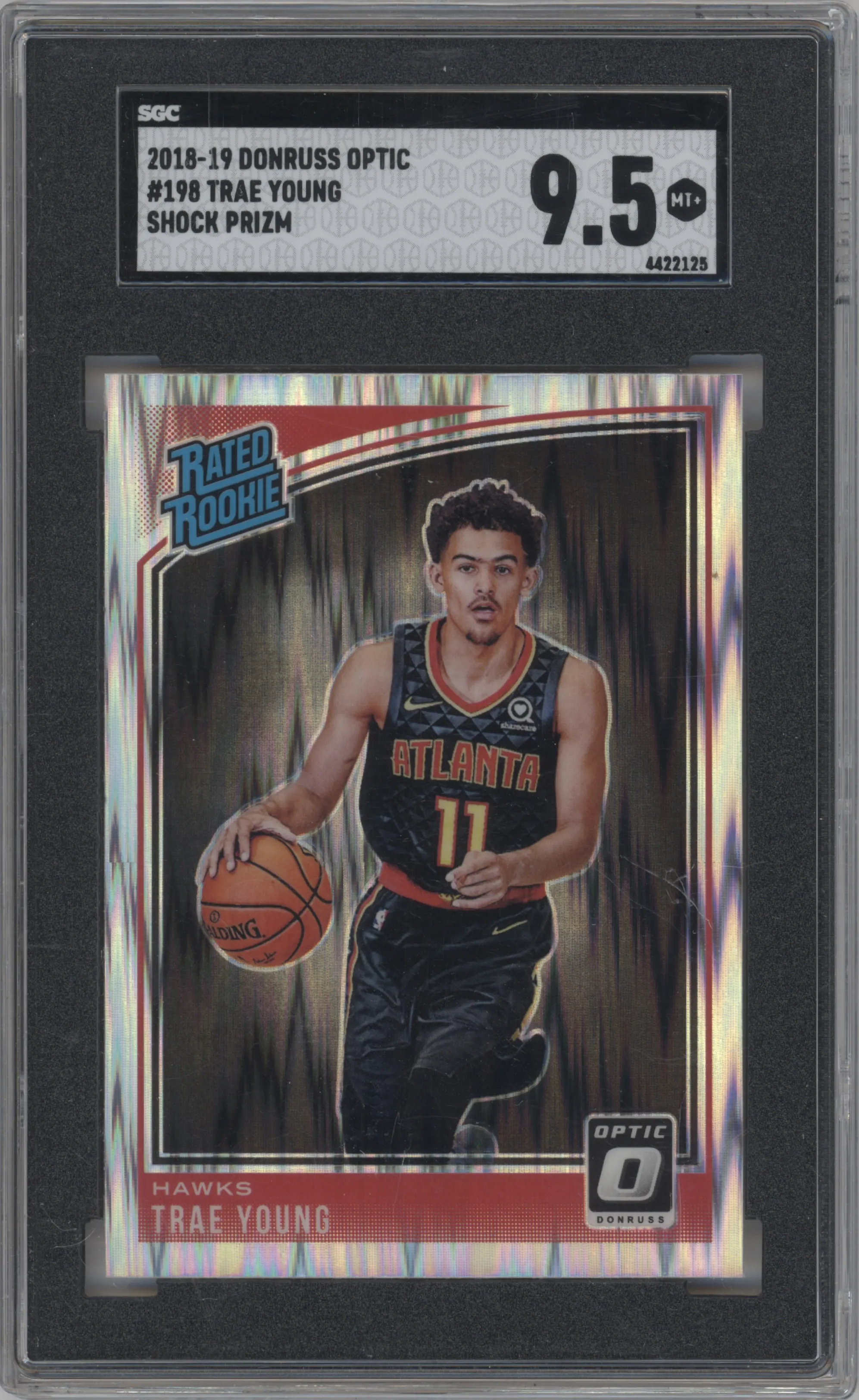 Trae Young from the 2018-19 Panini Donruss Optic set featuring a Shock parallel graded by SGC and given an overall grade of 9.5.