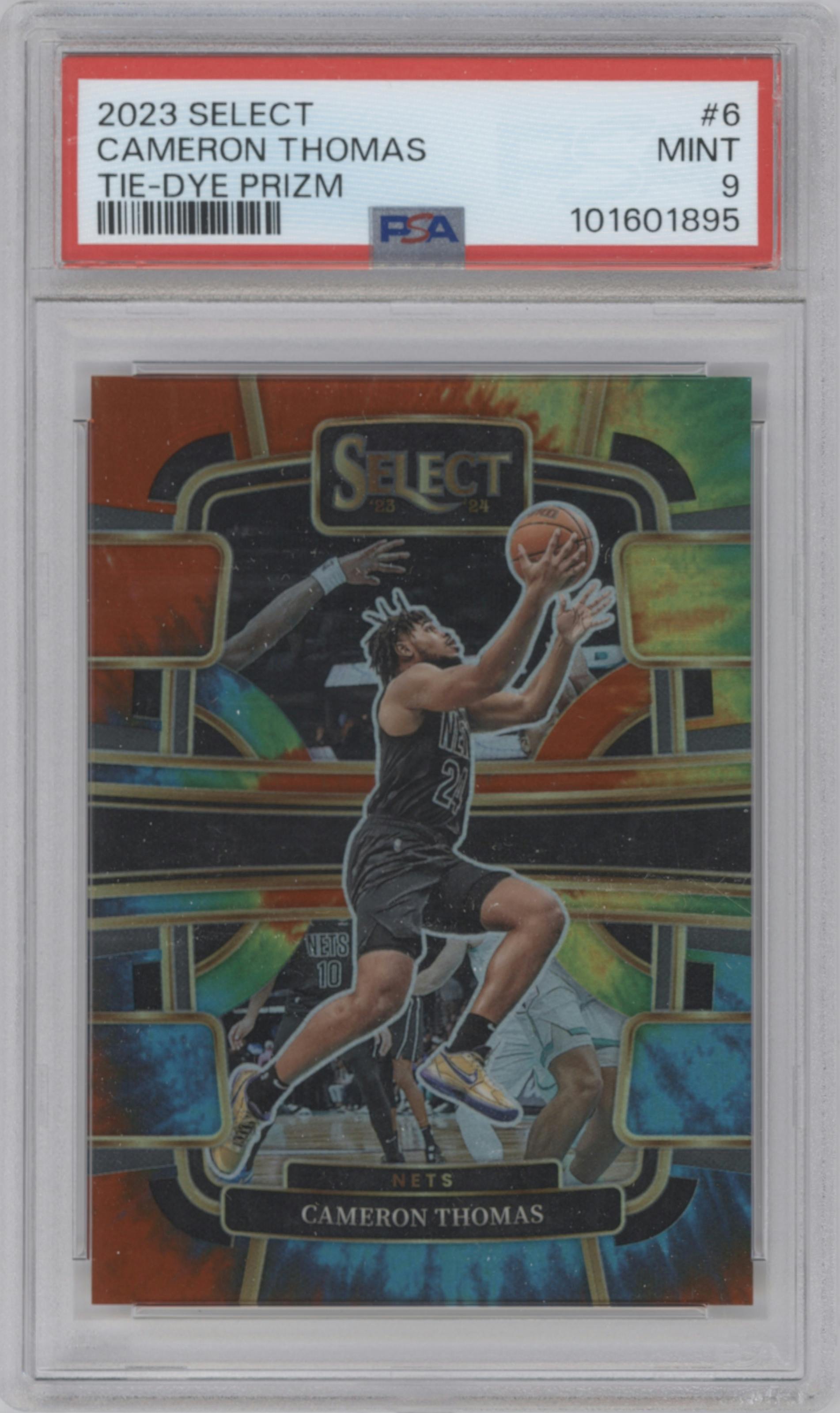 Cameron Thomas from the 2023-24 Panini Select  set featuring a Tie-Dye Prizm parallel graded by PSA and given an overall grade of 9.