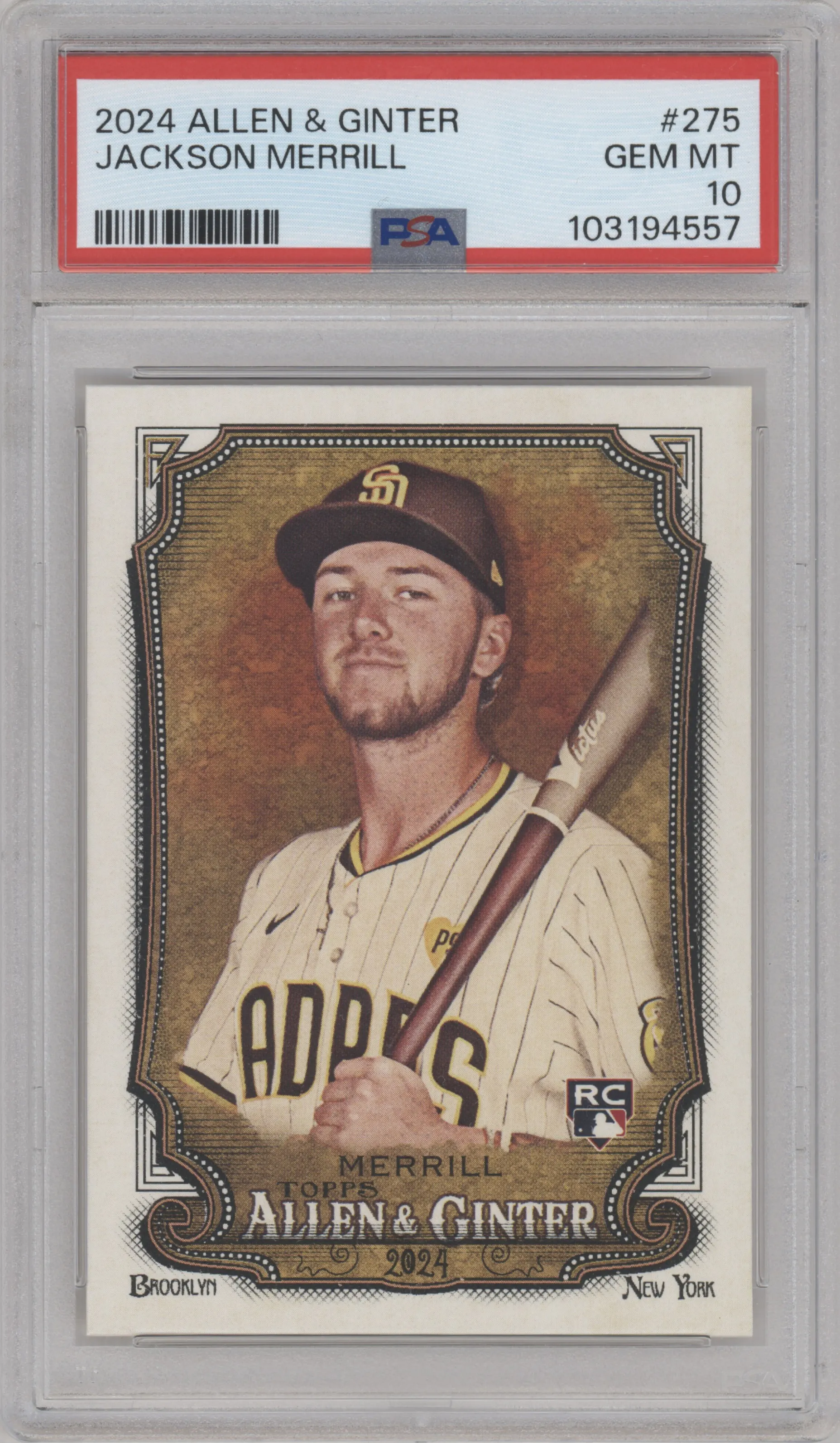 Jackson Merrill from the 2024 Topps Allen & Ginter set graded by PSA and given an overall grade of 10.