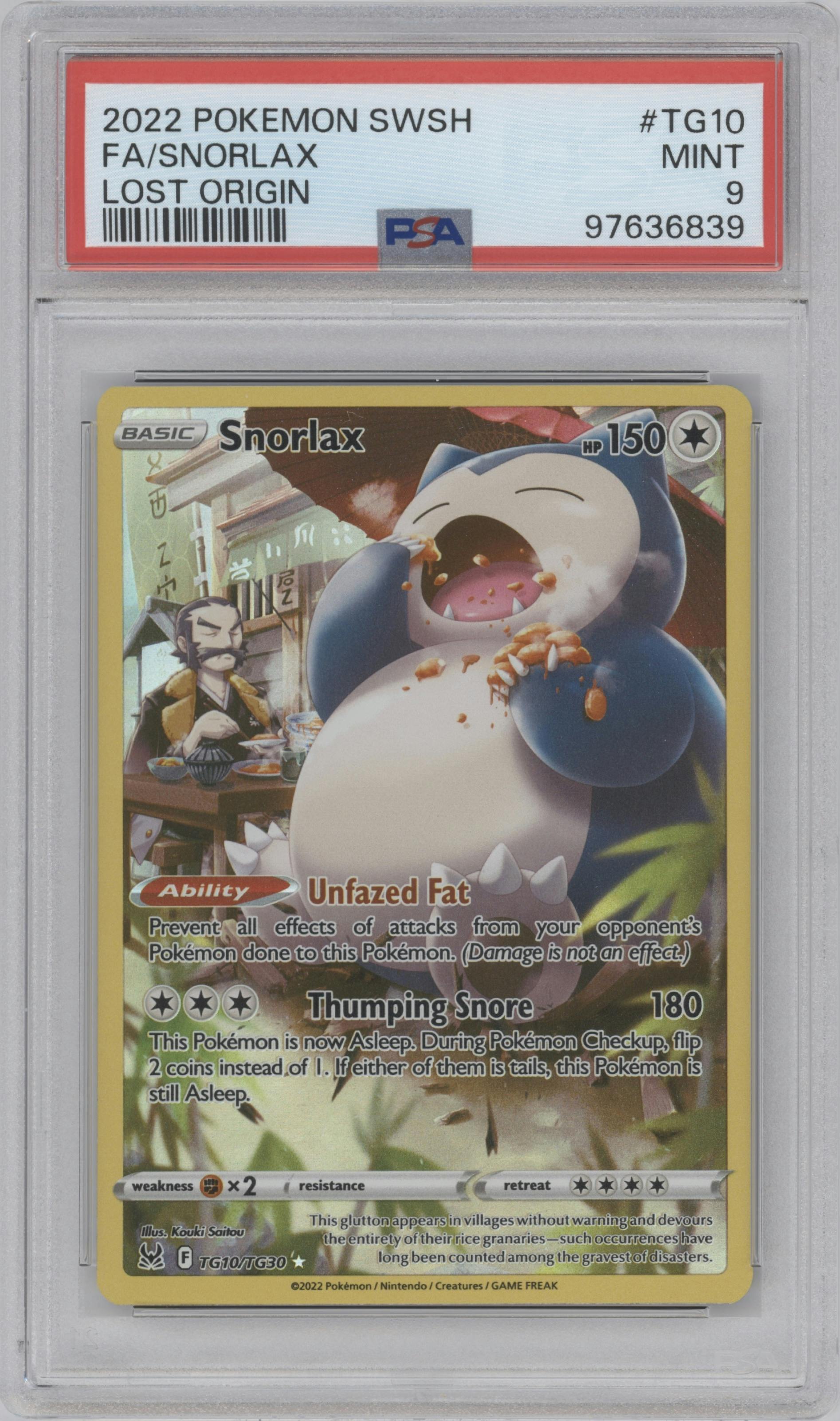 Snorlax from the 2022 Pokemon SWSH set graded by PSA and given an overall grade of 9.