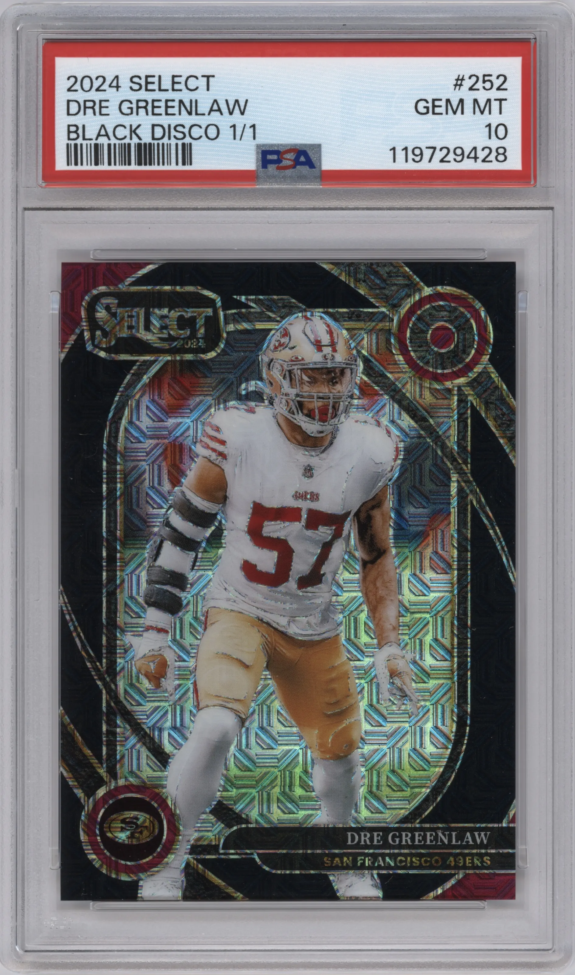 Dre Greenlaw from the 2024 Panini Select set featuring a Black Disco Prizm parallel graded by PSA and given an overall grade of 10.