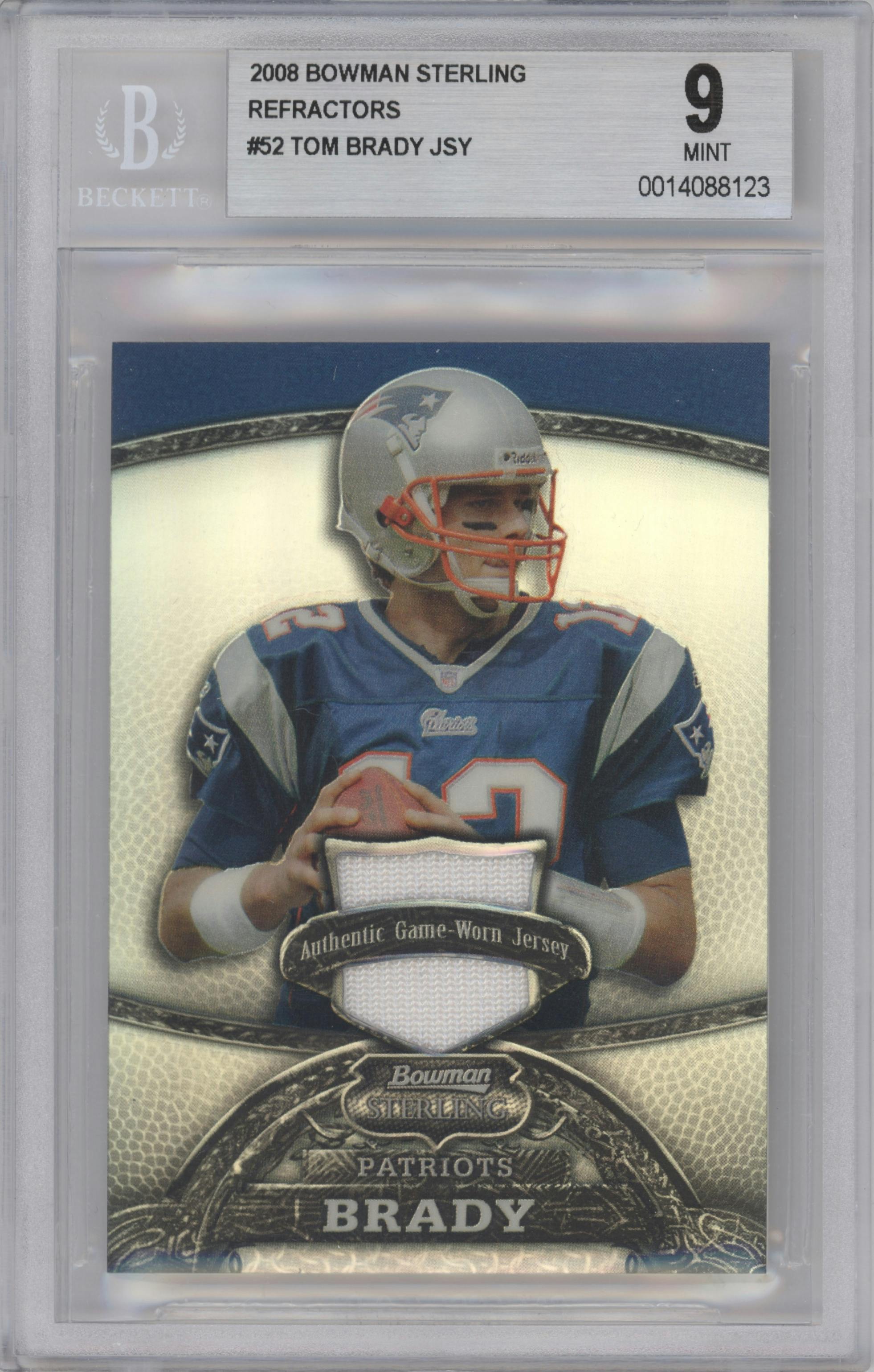 Tom Brady from the 2008 Bowman Sterling set featuring a Refractor parallel graded by Beckett and given an overall grade of 9.