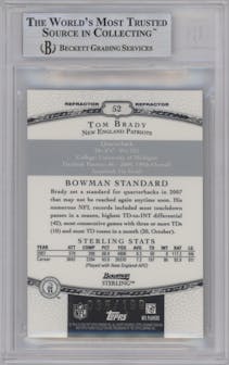 Tom Brady from the 2008 Bowman Sterling set featuring a Refractor parallel graded by Beckett and given an overall grade of 9.