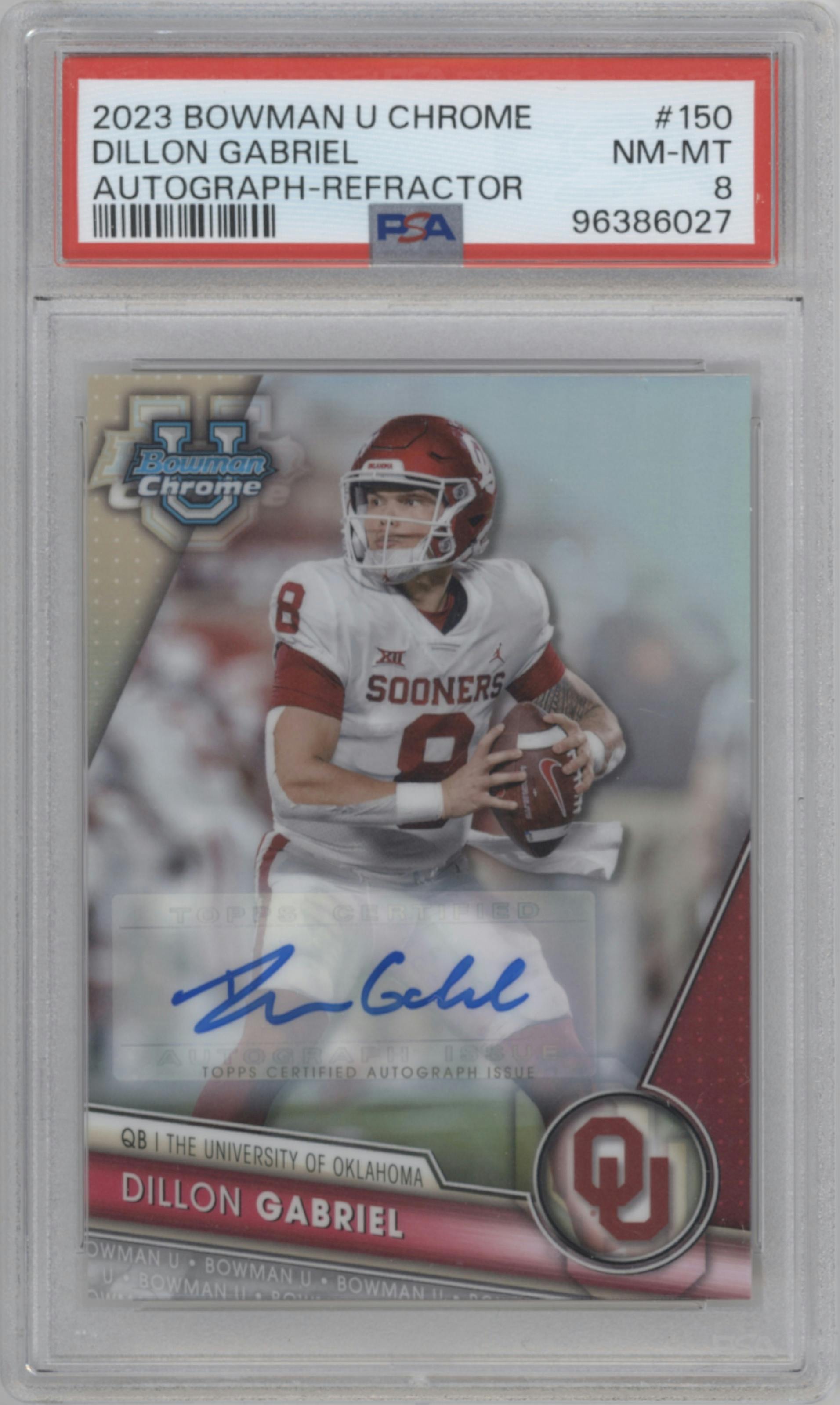 Dillon Gabriel from the 2023 Bowman Chrome University set featuring a Refractor parallel graded by PSA and given an overall grade of 8.