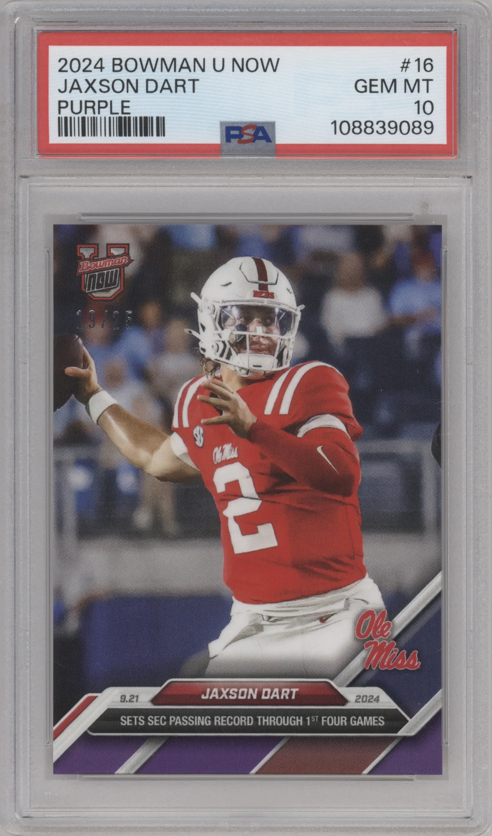Jaxson Dart from the 2024 Bowman U Now set featuring a Purple parallel graded by PSA and given an overall grade of 10.