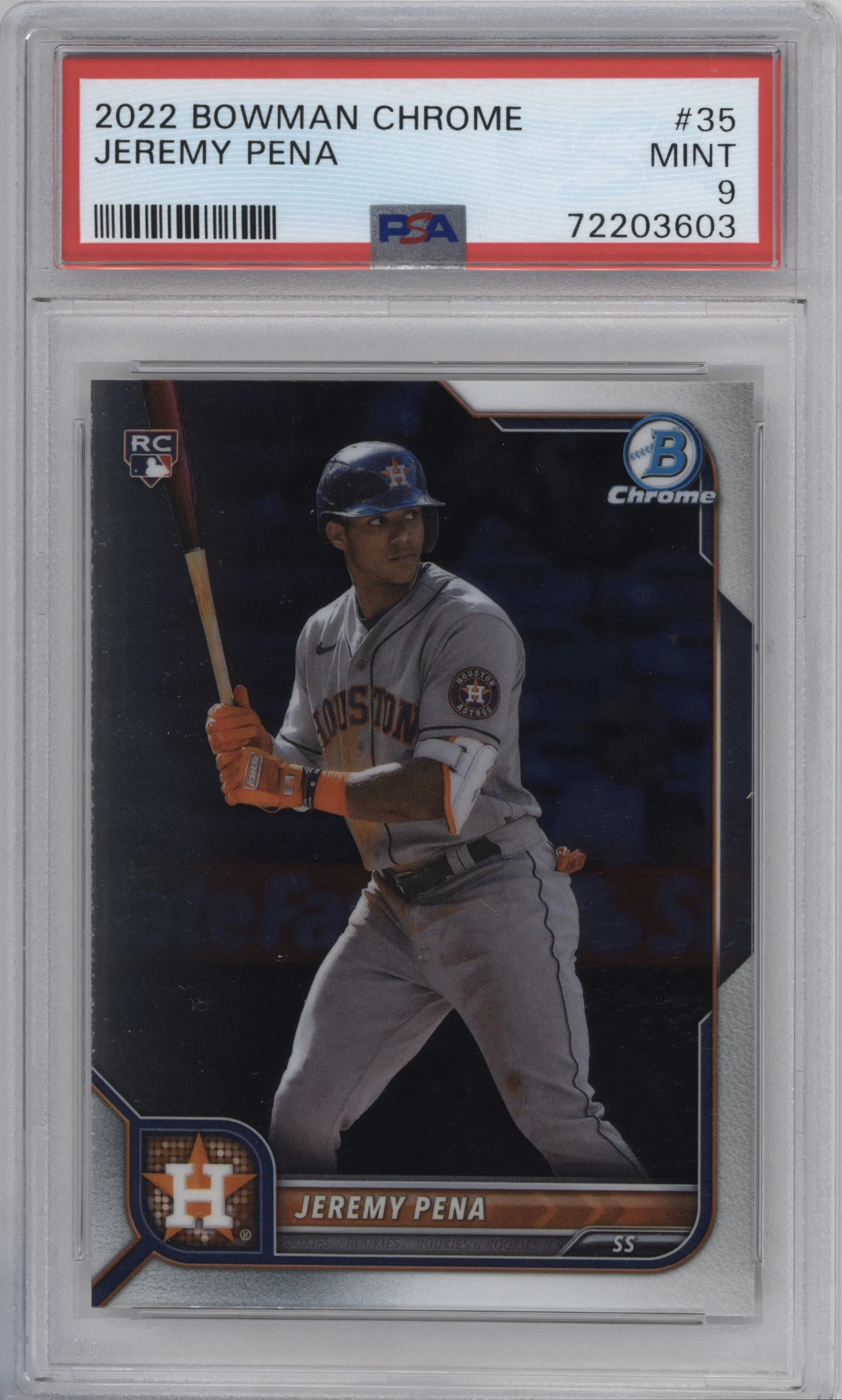 Jeremy Pena from the 2022 Bowman Chrome set graded by PSA and given an overall grade of 9.