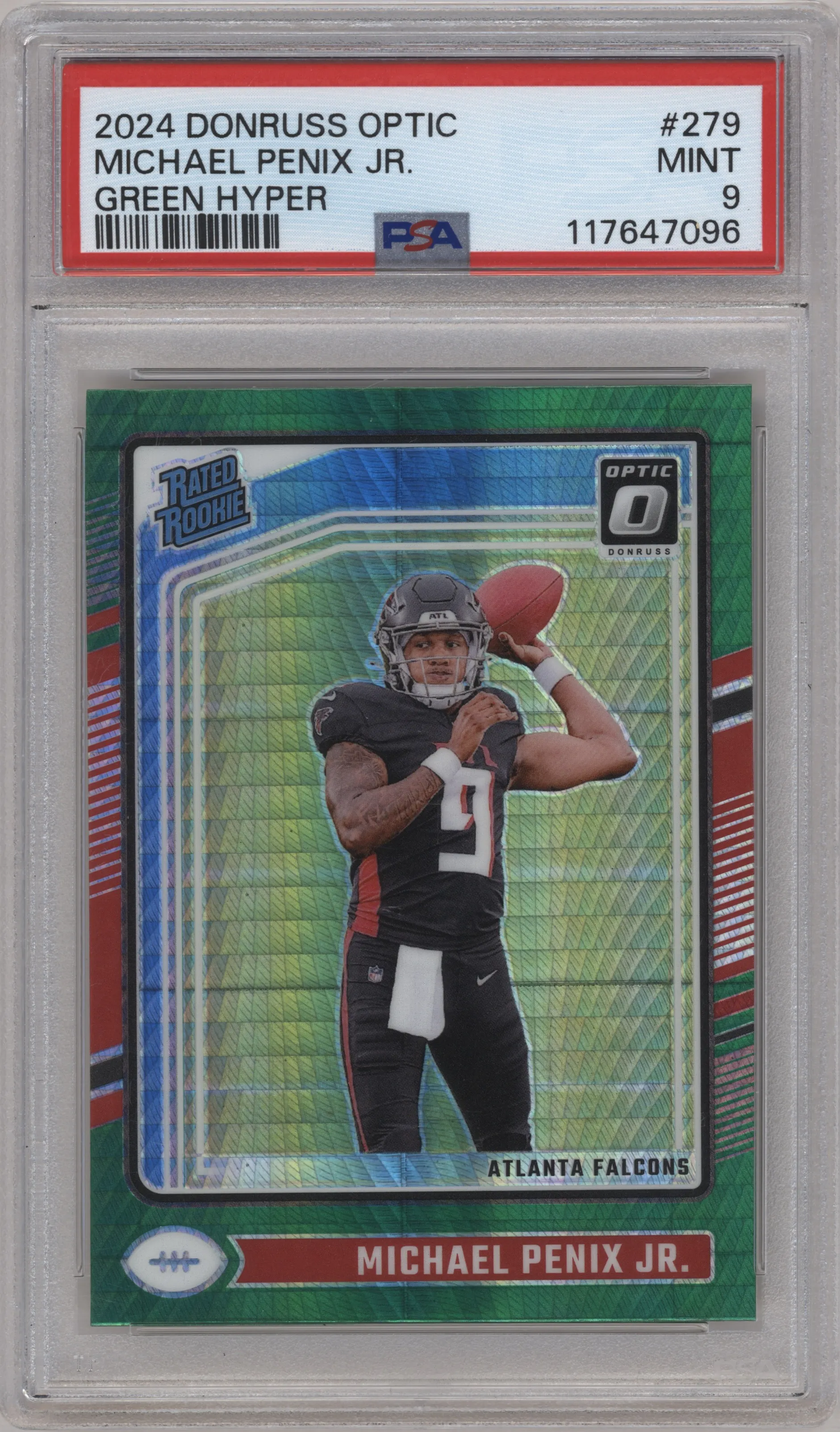 Michael Penix Jr. from the 2024 Donruss Optic set featuring a Hyper Green parallel graded by PSA and given an overall grade of 9.