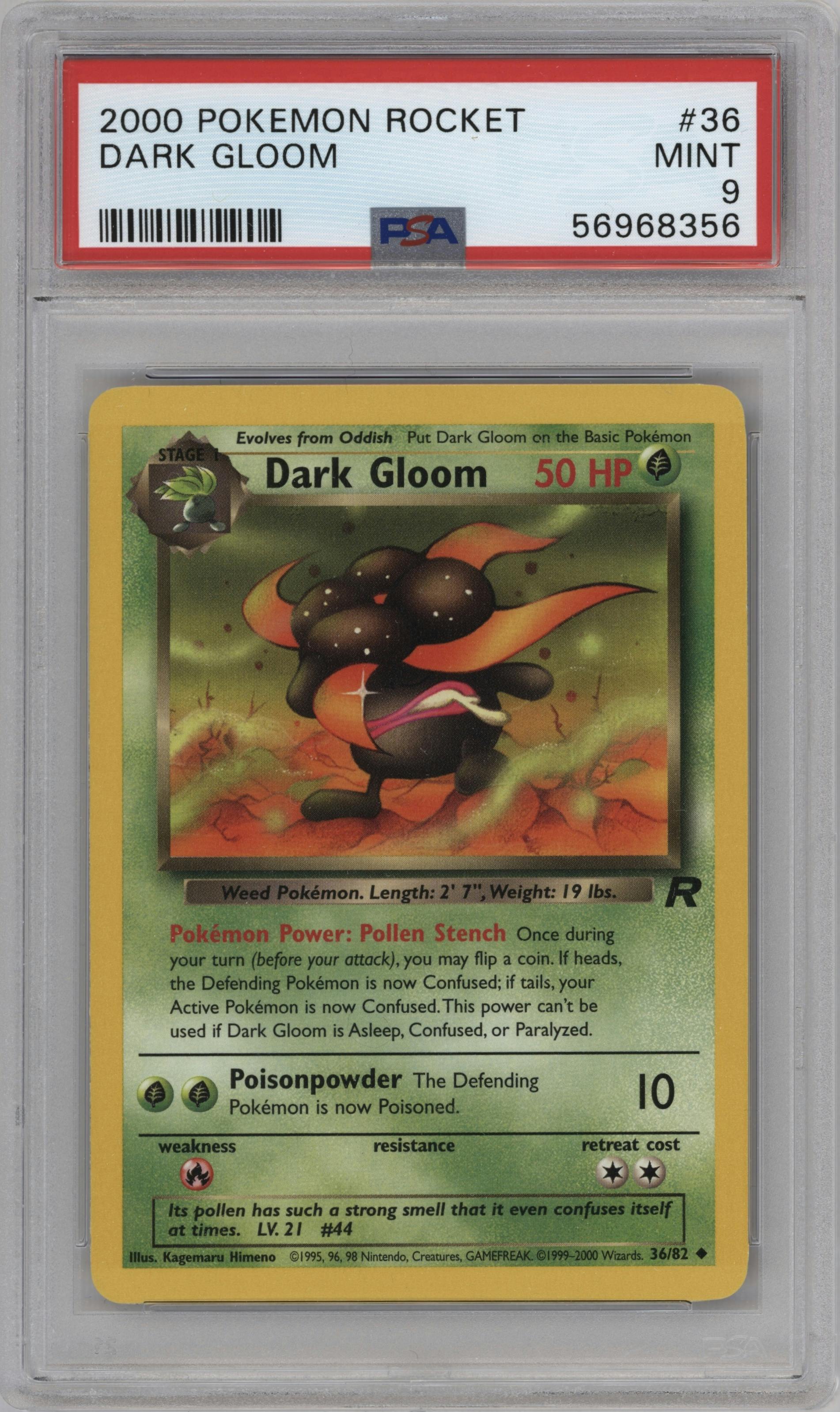 Dark Gloom from the 2000 Pokemon set graded by PSA and given an overall grade of 9.