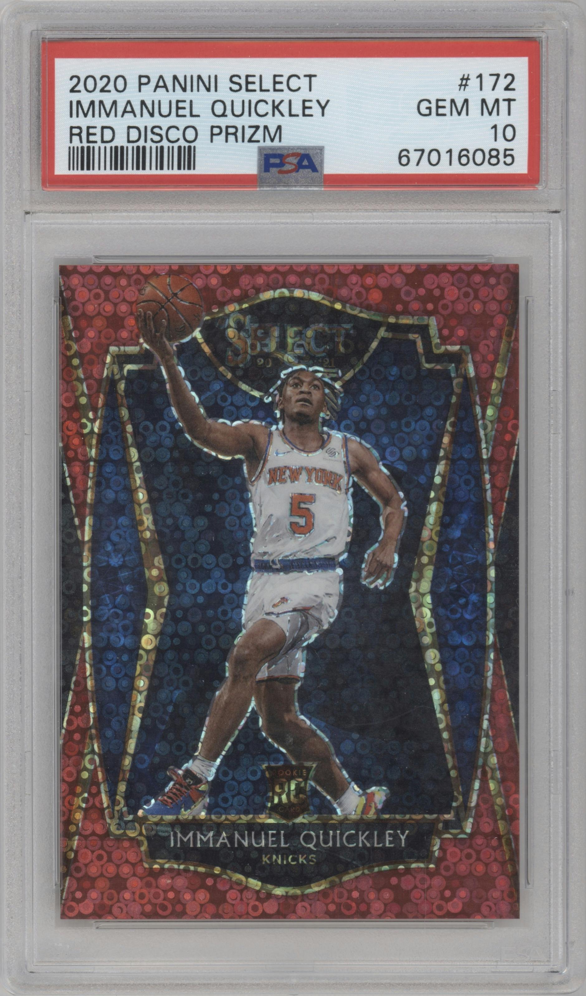 Immanuel Quickley from the 2020-21 Panini Select  set featuring a Disco Red parallel graded by PSA and given an overall grade of 10.