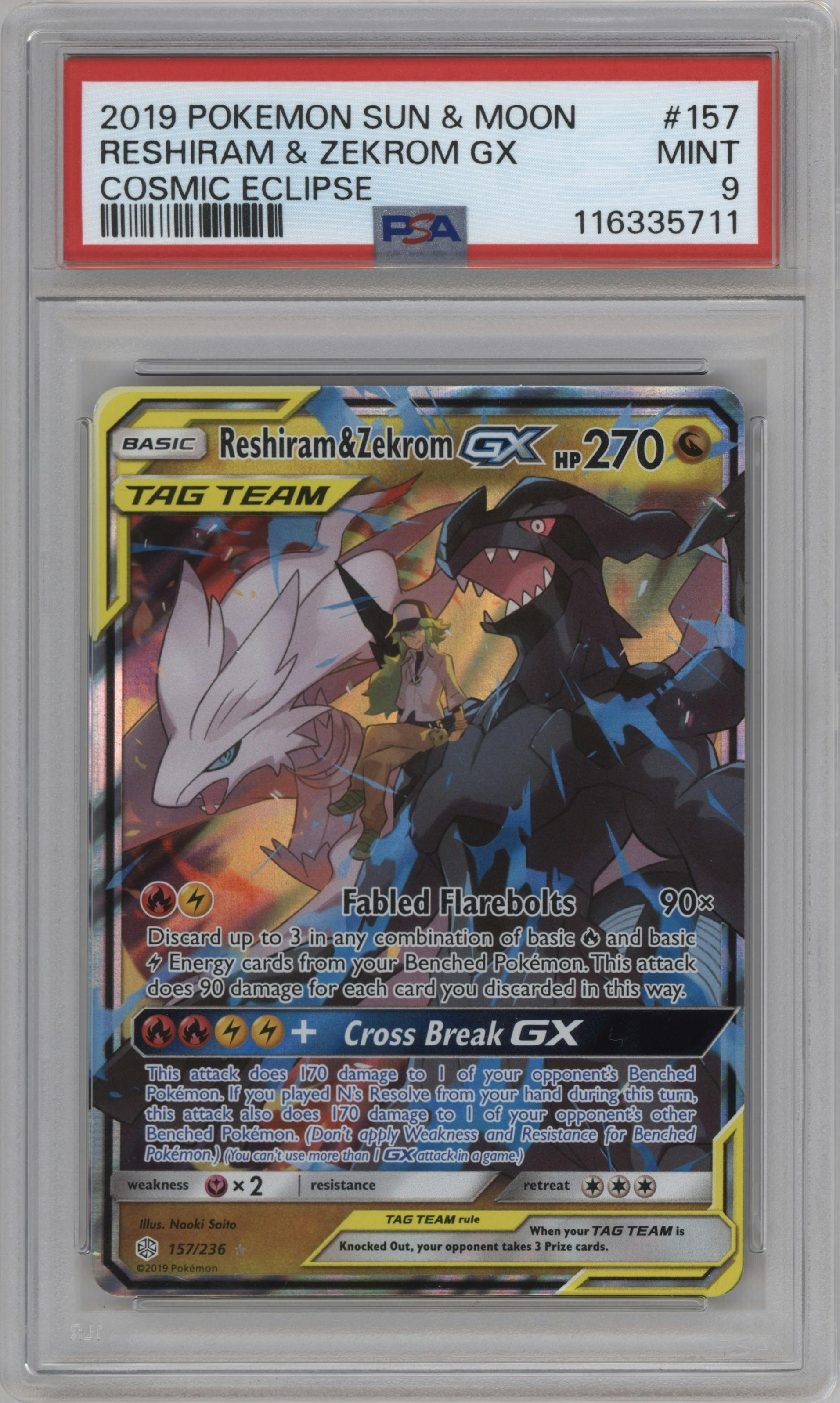 Reshiram/Zekrom GX from the 2019 Pokemon S&M  set graded by PSA and given an overall grade of 9.