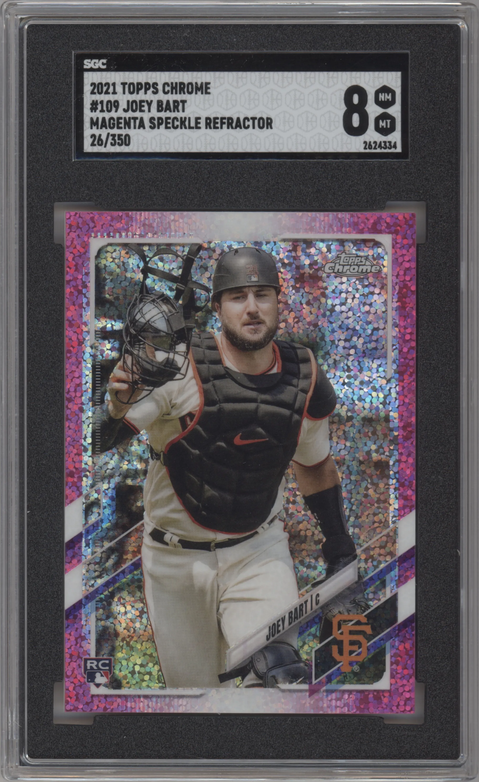 Joey Bart from the 2021 Topps Chrome set featuring a Magenta Speckle Refractor  parallel graded by SGC and given an overall grade of 8.