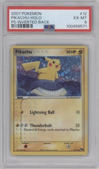 Pikachu from the 2007 Pokemon set featuring a Inverted Back Error parallel graded by PSA and given an overall grade of 6.