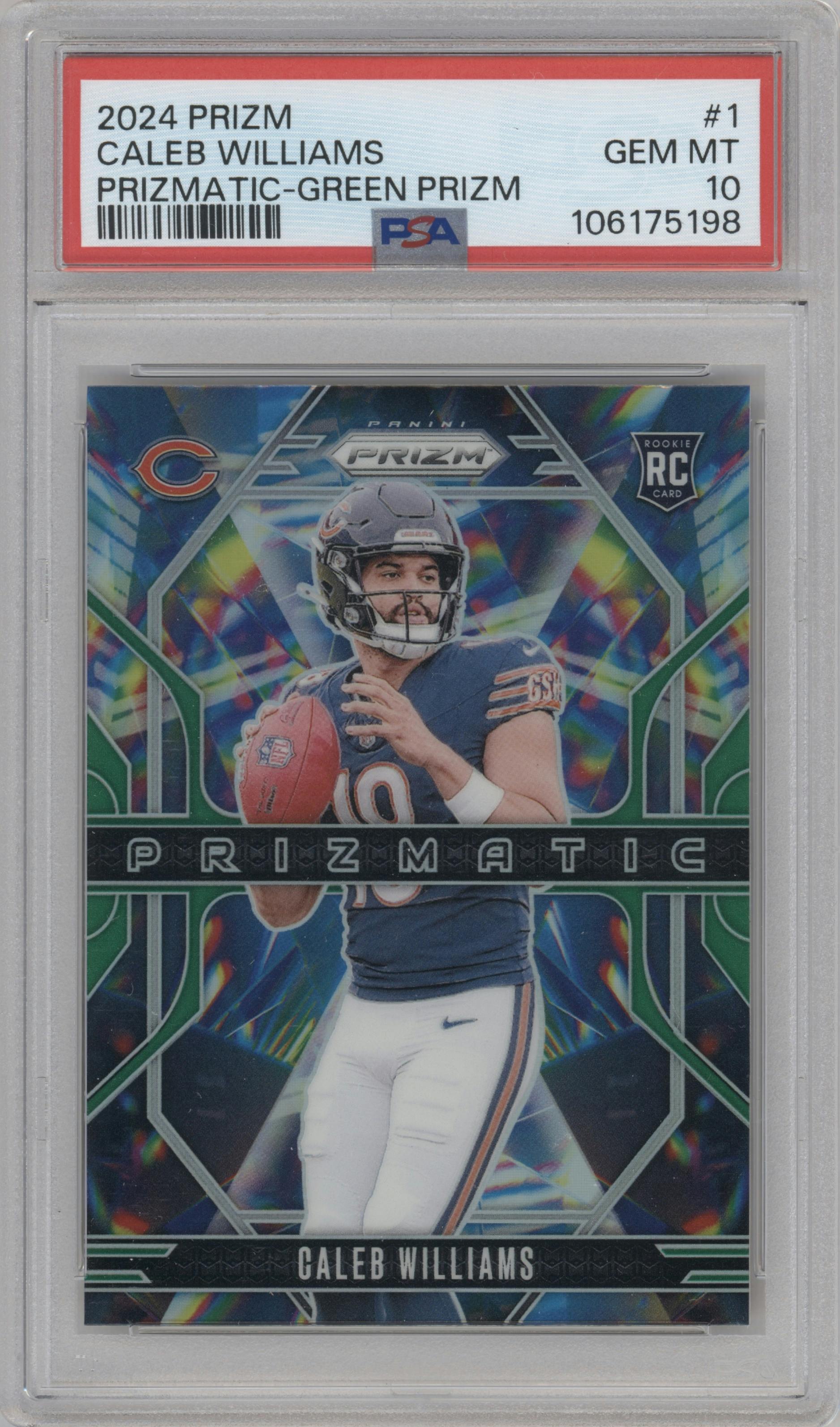 Caleb Williams from the 2024 Panini Prizm set featuring a Green Prizm parallel graded by PSA and given an overall grade of 10.