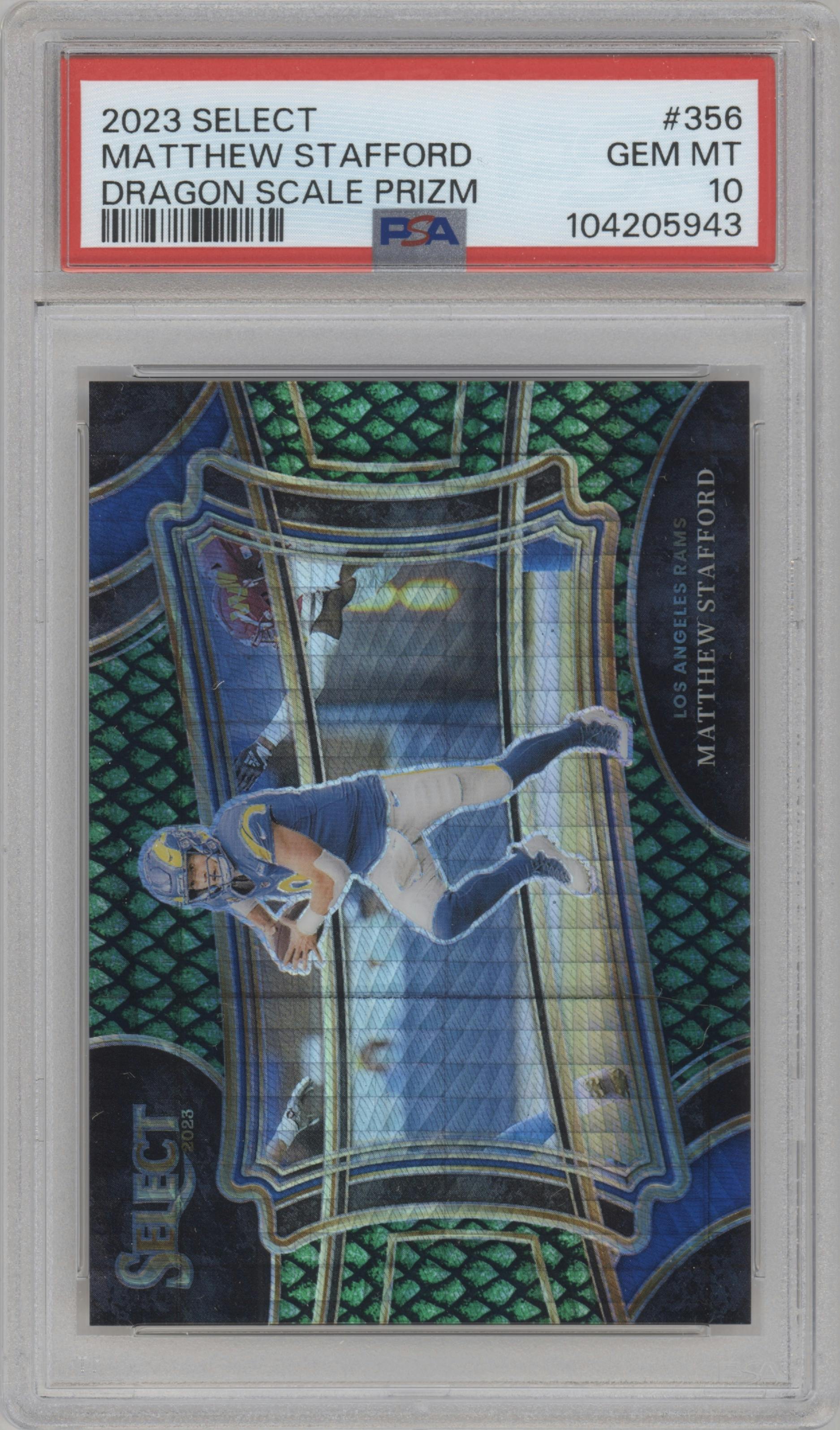Matthew Stafford from the 2023 Panini Select set featuring a Dragon Scale Prizm parallel graded by PSA and given an overall grade of 10.