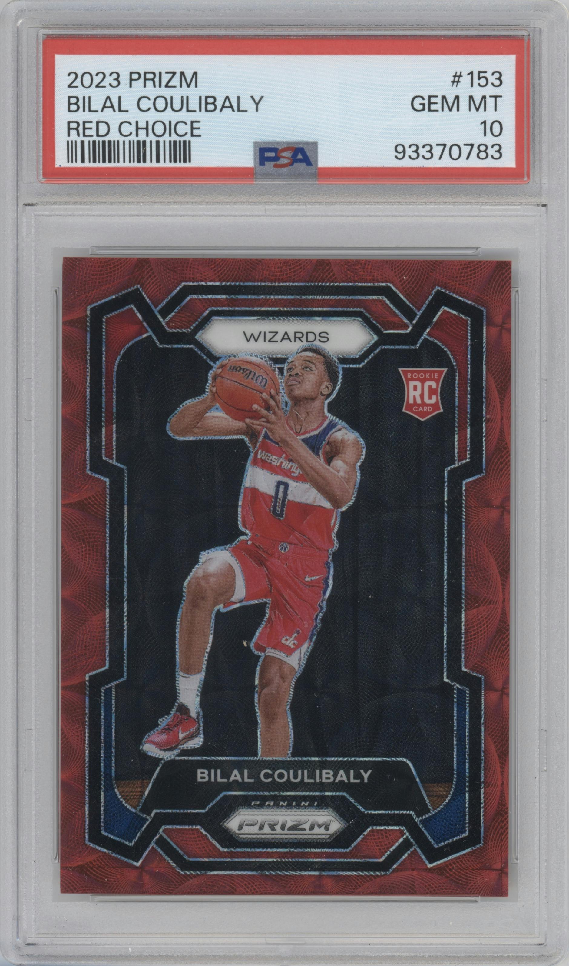Bilal Coulibaly from the 2023-24 Panini Prizm set featuring a Choice Red parallel graded by PSA and given an overall grade of 10.