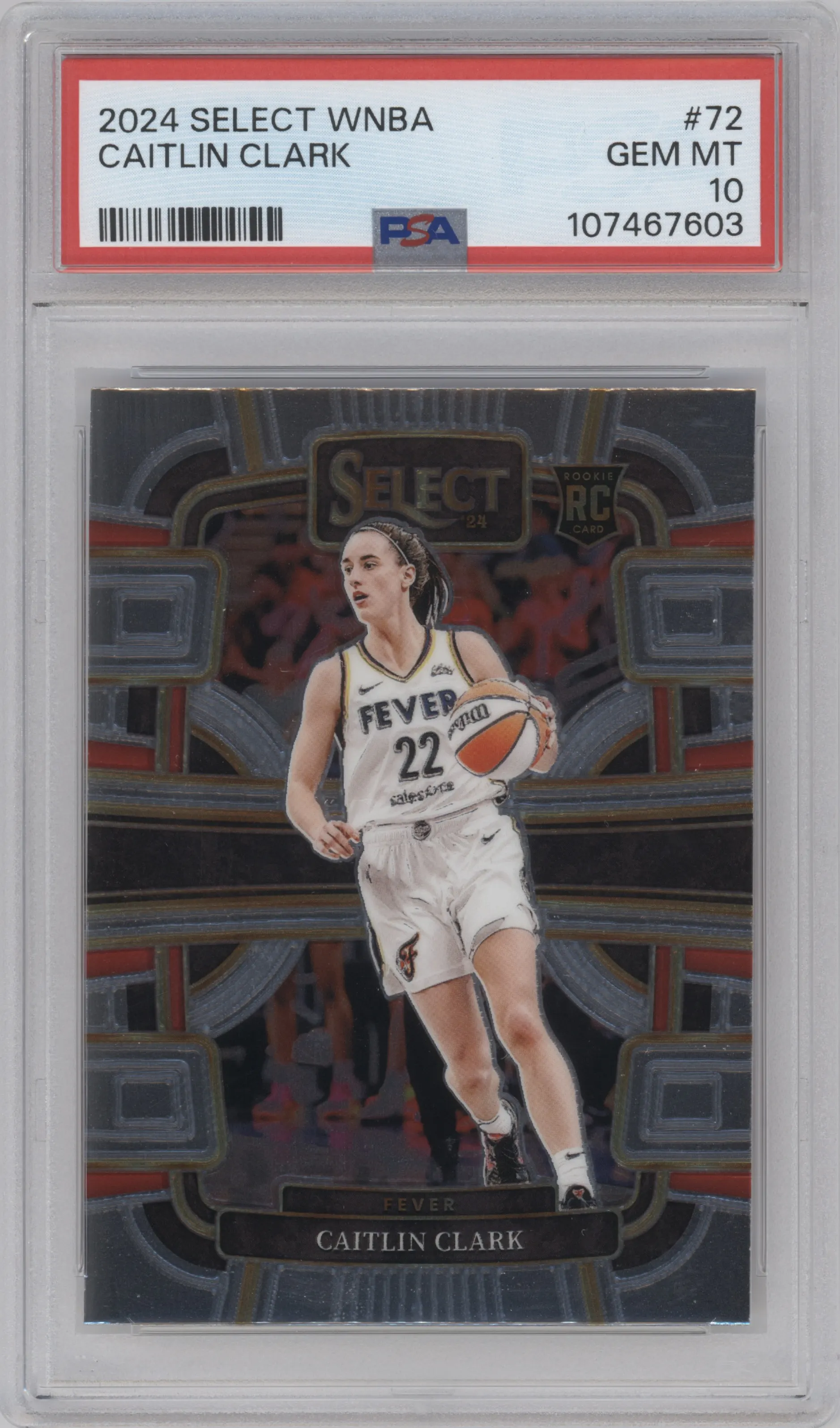 Caitlin Clark from the 2024 Panini Select WNBA set graded by PSA and given an overall grade of 10.