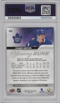 Fraser Minten from the 2023-24 Upper Deck Series 2 set graded by PSA and given an overall grade of 10.