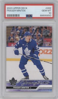 Fraser Minten from the 2023-24 Upper Deck Series 2 set graded by PSA and given an overall grade of 10.