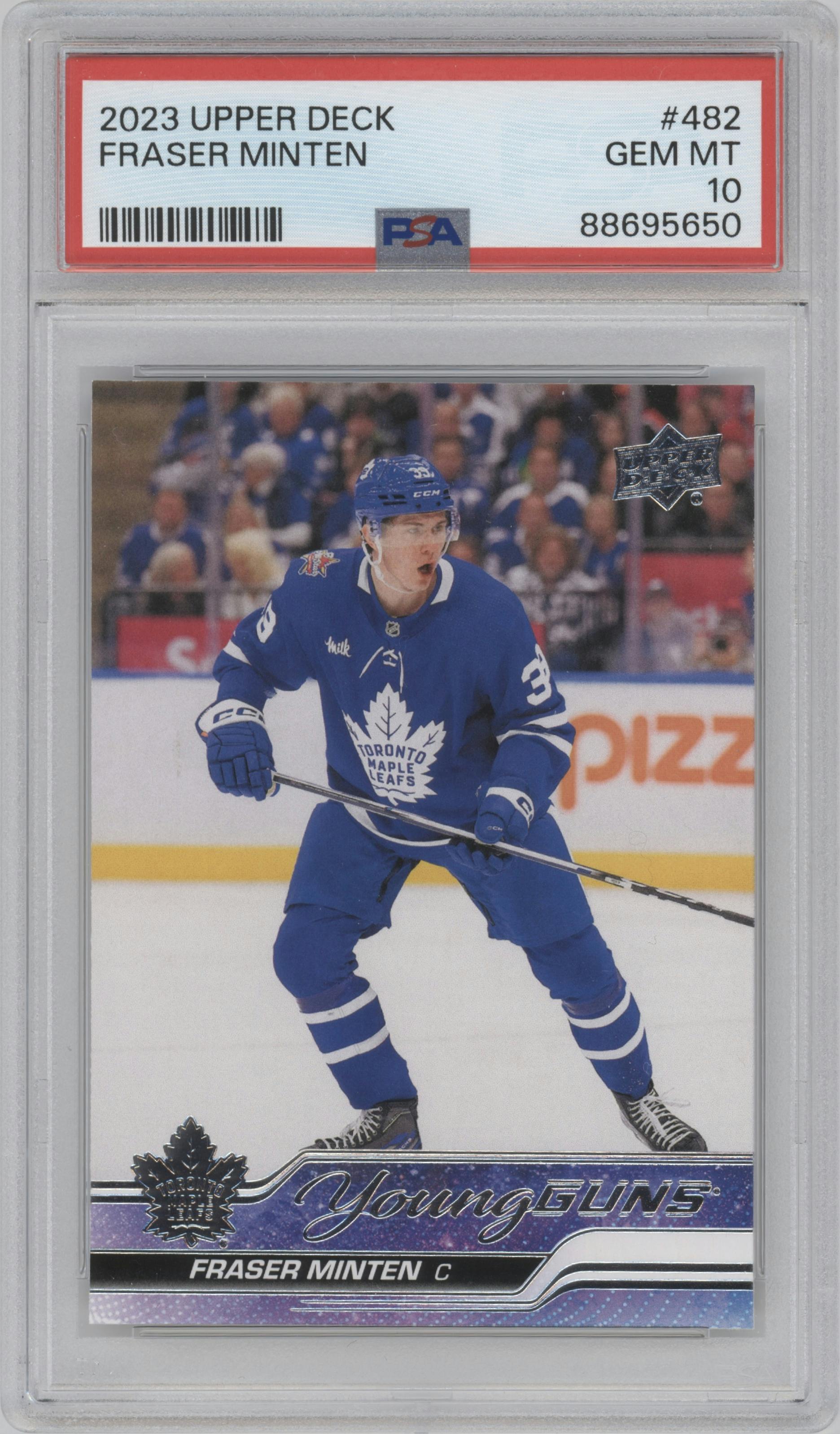 Fraser Minten from the 2023-24 Upper Deck Series 2 set graded by PSA and given an overall grade of 10.