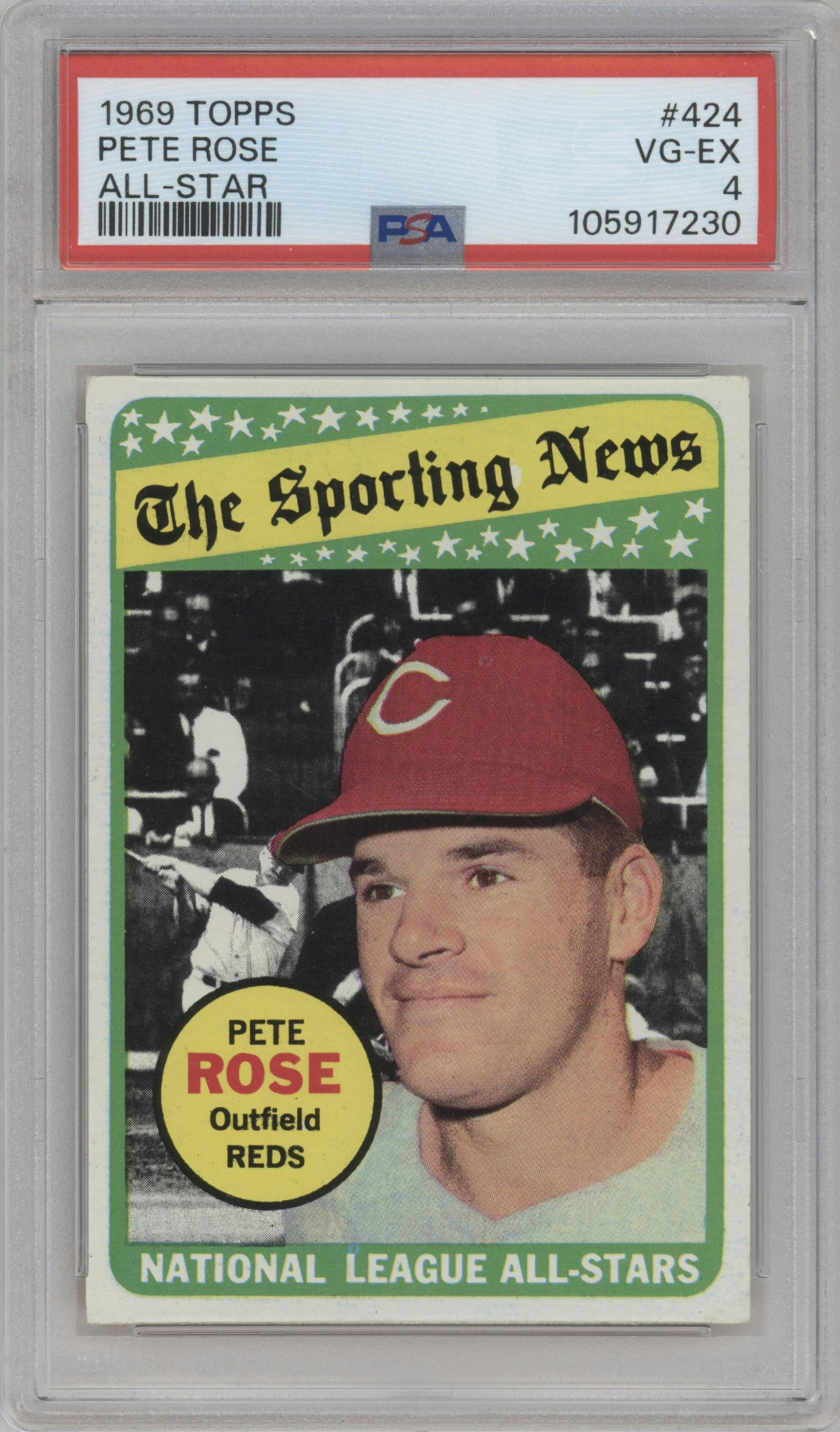Pete Rose from the 1969 Topps set graded by PSA and given an overall grade of 4.