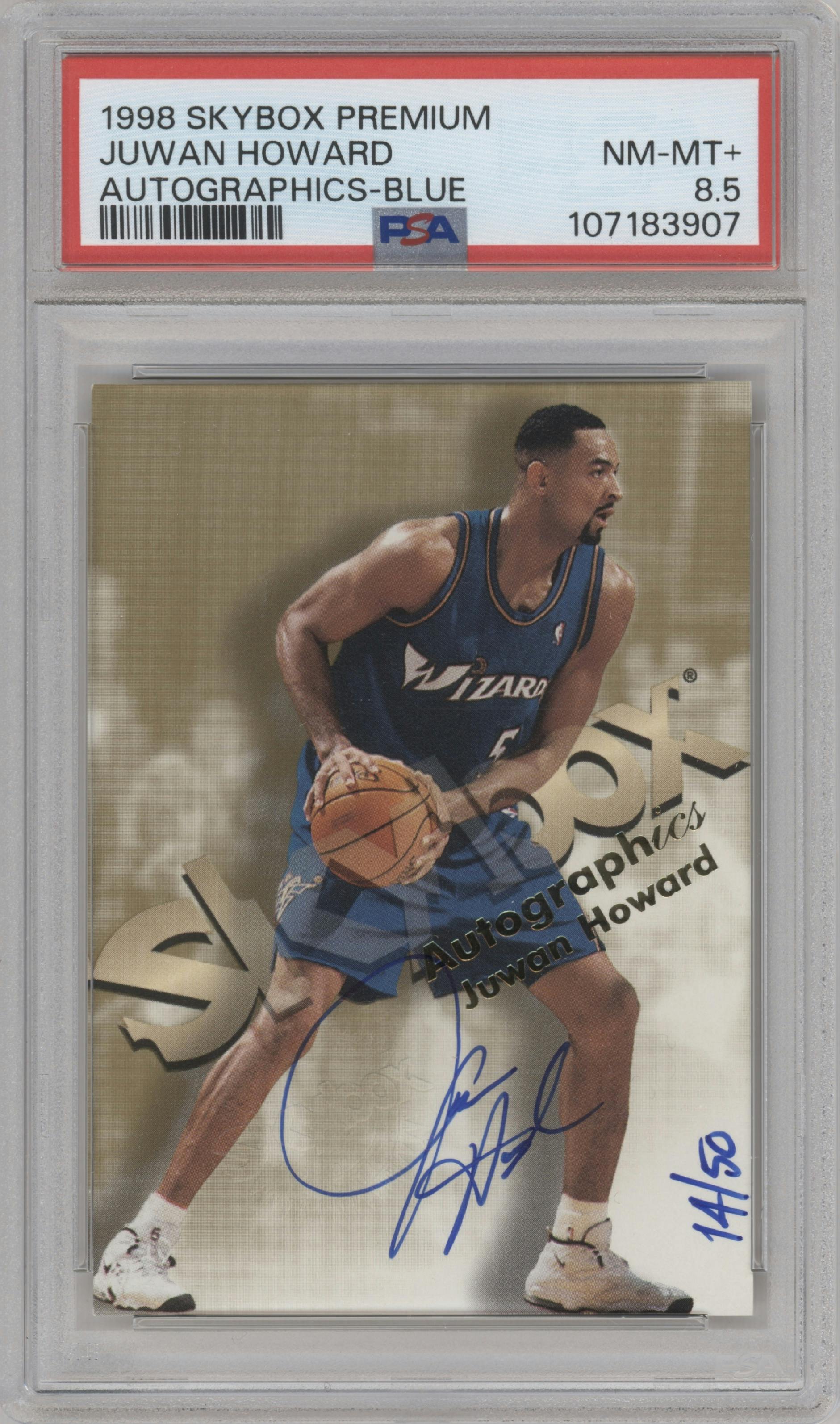 Juwan Howard from the 1998-99 Skybox Premium set featuring a Blue parallel graded by PSA and given an overall grade of 8.5.