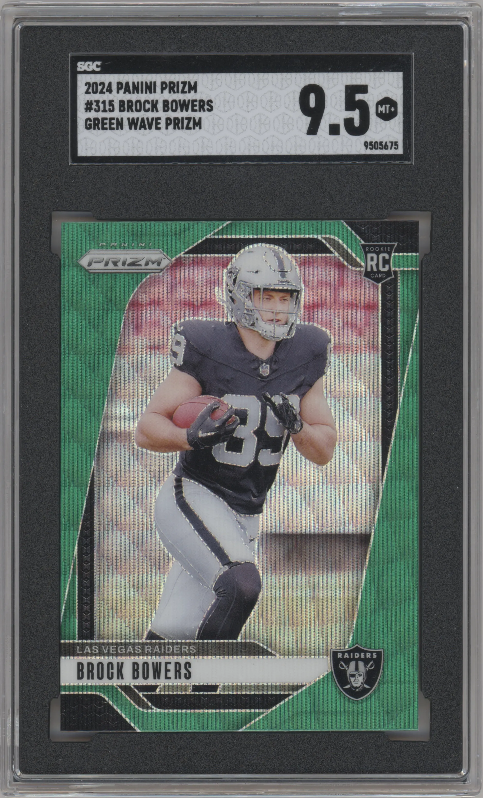 Brock Bowers from the 2024 Panini Prizm set featuring a Green Wave parallel graded by SGC and given an overall grade of 9.5.