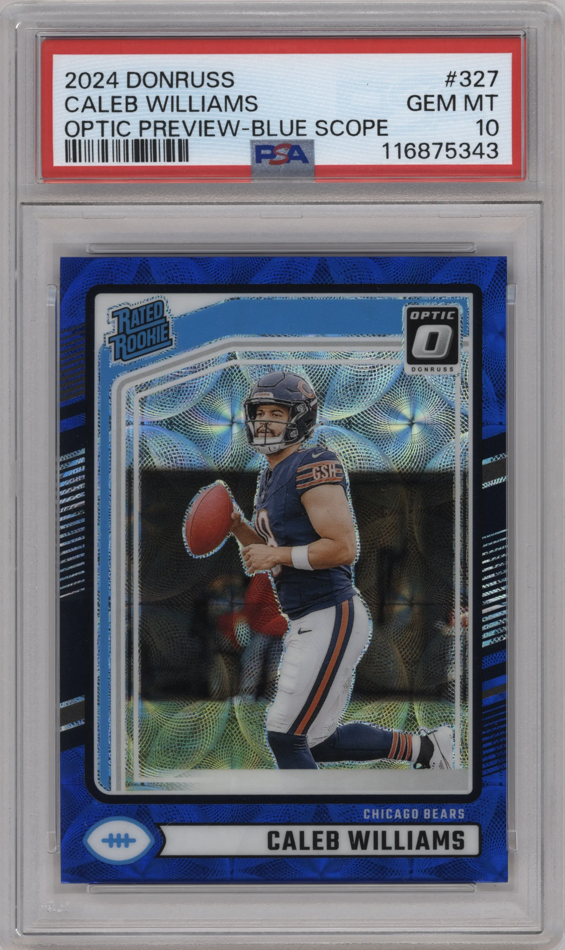 Caleb Williams from the 2024 Donruss set featuring a Blue Scope parallel graded by PSA and given an overall grade of 10.
