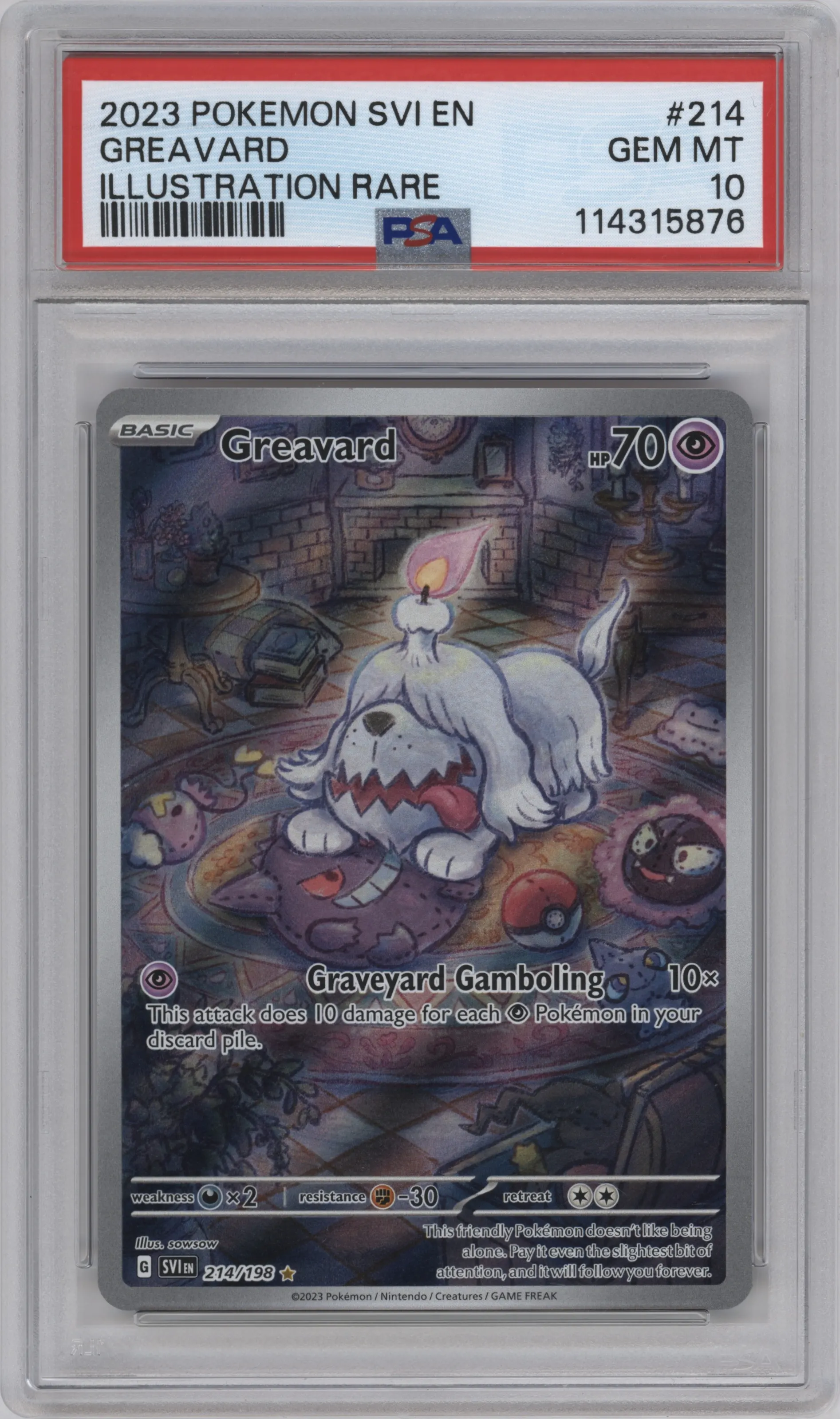 Greavard from the 2023 Pokemon SV set graded by PSA and given an overall grade of 10.