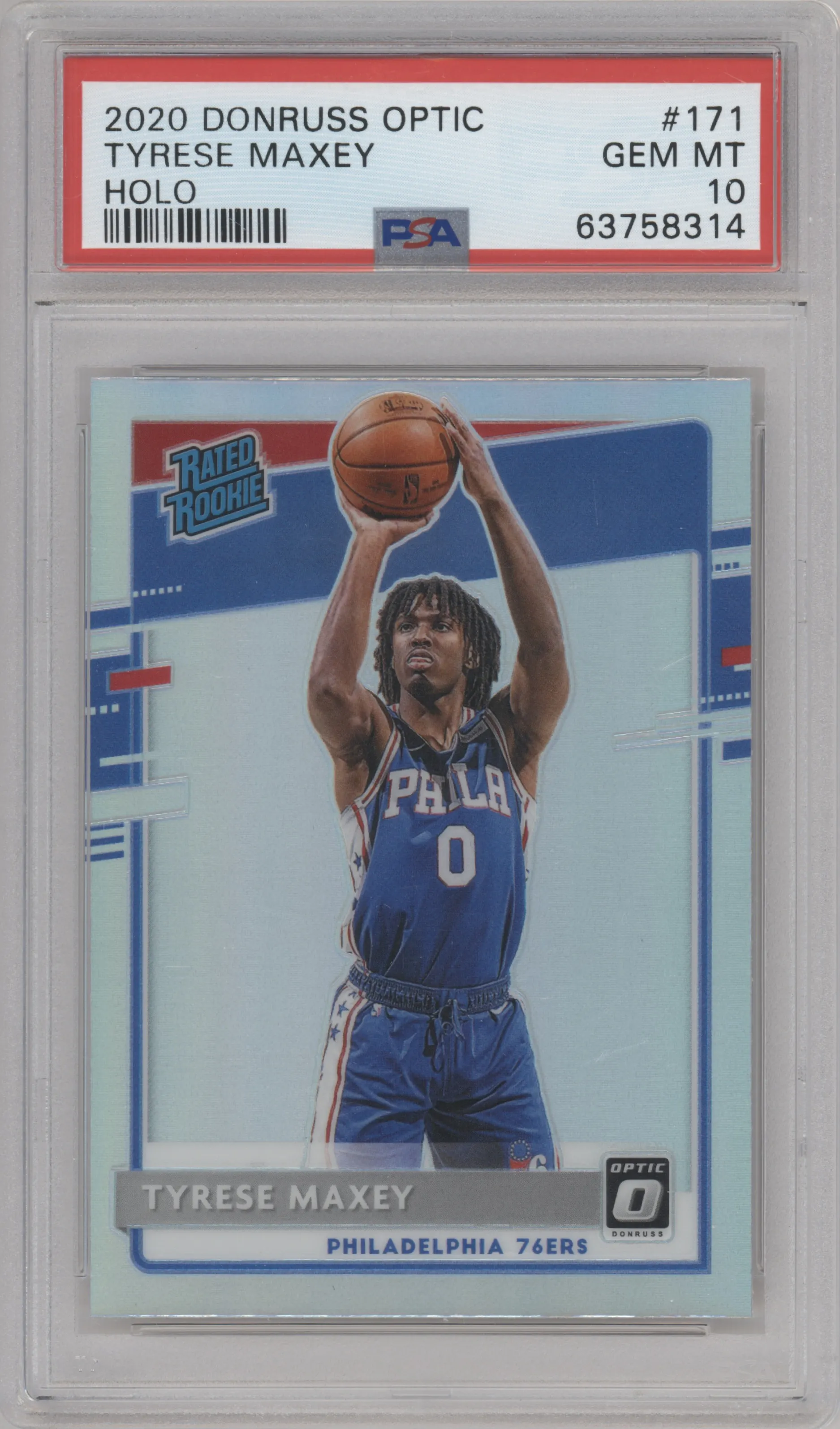 Tyrese Maxey from the 2020-21 Panini Donruss Optic set featuring a Holo parallel graded by PSA and given an overall grade of 10.