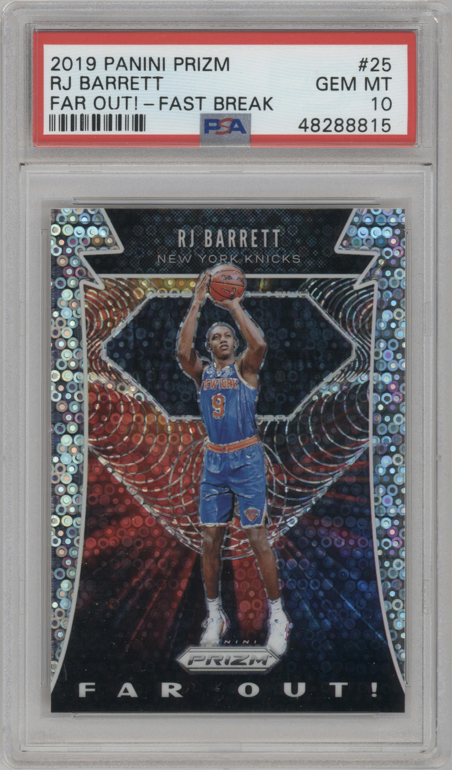 RJ Barrett from the 2019-20 Panini Prizm set featuring a Fast Break parallel graded by PSA and given an overall grade of 10.